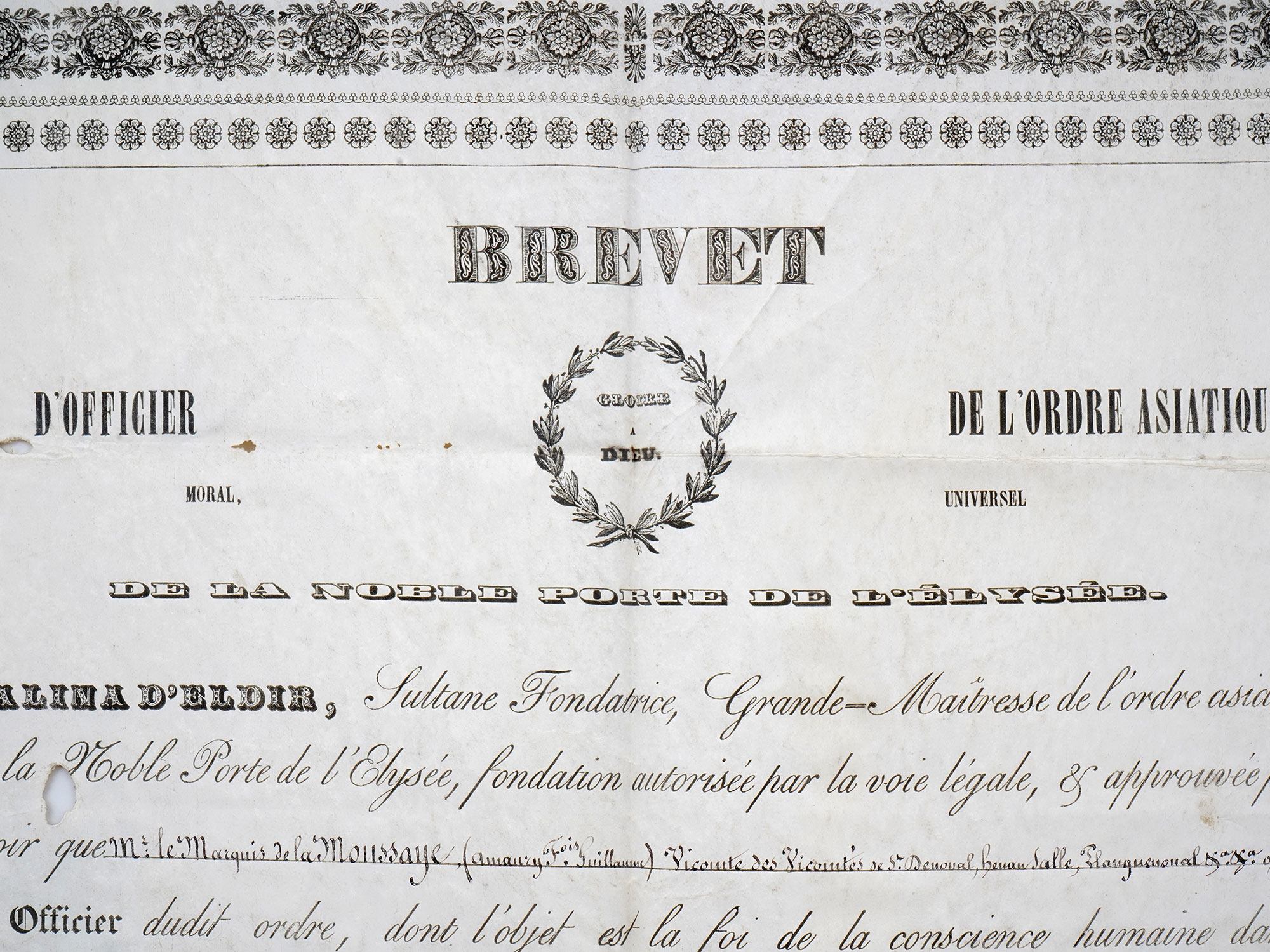 AN 1832 CERTIFICATE OF L'ORDRE ASIATIQUE, MORAL, UNIVERSEL