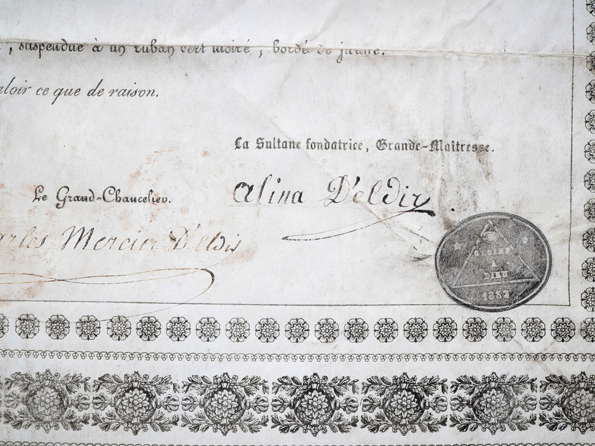 AN 1832 CERTIFICATE OF L'ORDRE ASIATIQUE, MORAL, UNIVERSEL