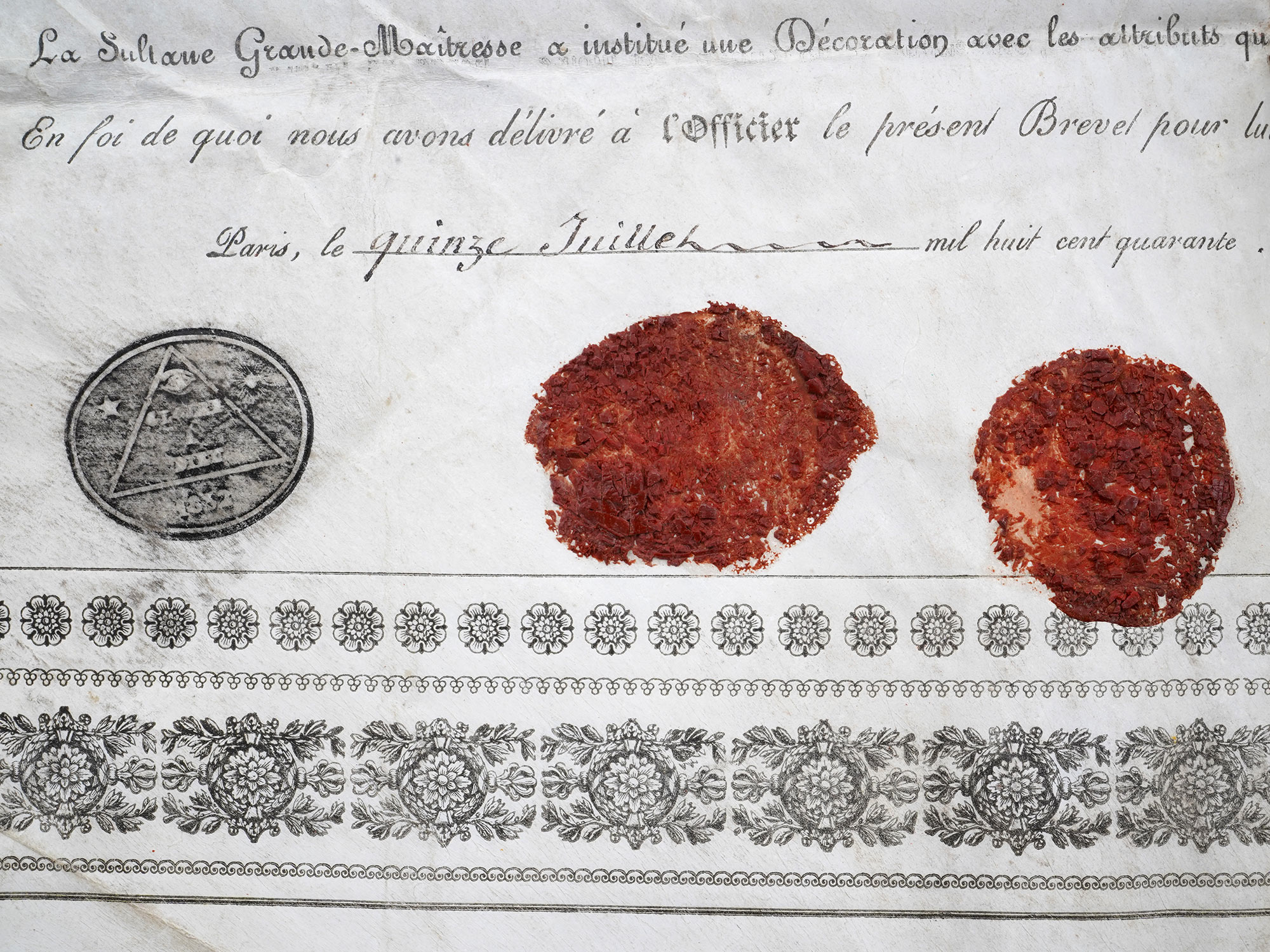 AN 1832 CERTIFICATE OF L'ORDRE ASIATIQUE, MORAL, UNIVERSEL