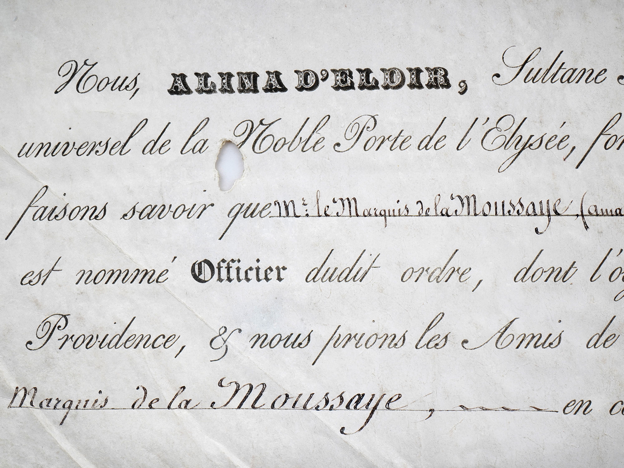 AN 1832 CERTIFICATE OF L'ORDRE ASIATIQUE, MORAL, UNIVERSEL