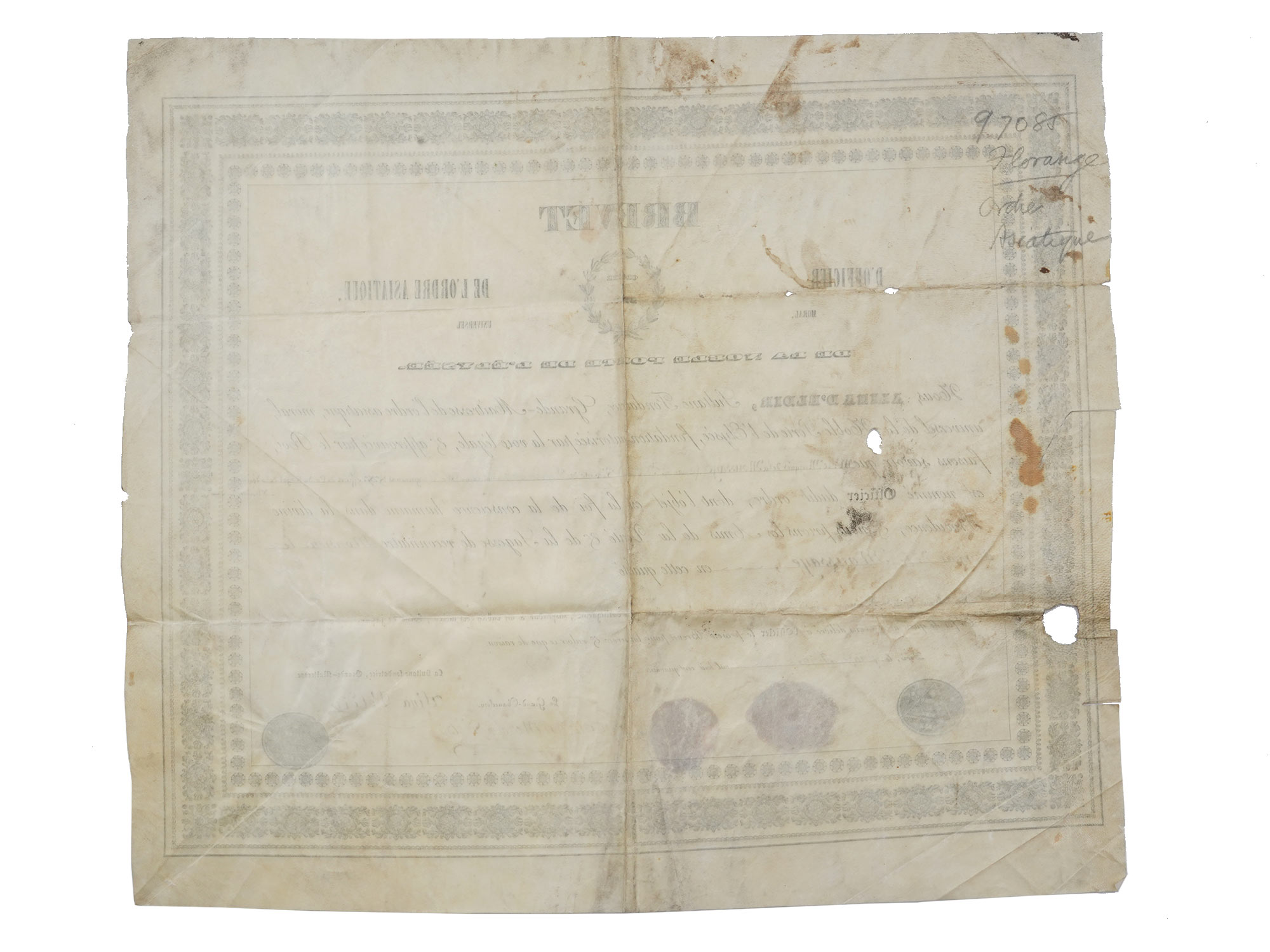 AN 1832 CERTIFICATE OF L'ORDRE ASIATIQUE, MORAL, UNIVERSEL