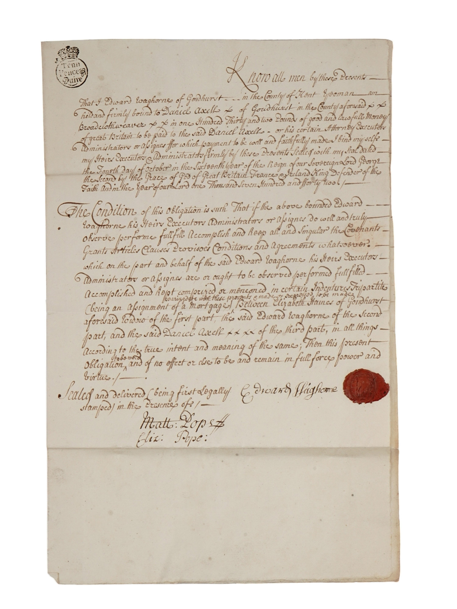 1742 ENGLISH HANDWRITTEN BOND WITH RED WAX SEAL AND TAX STAMPS
