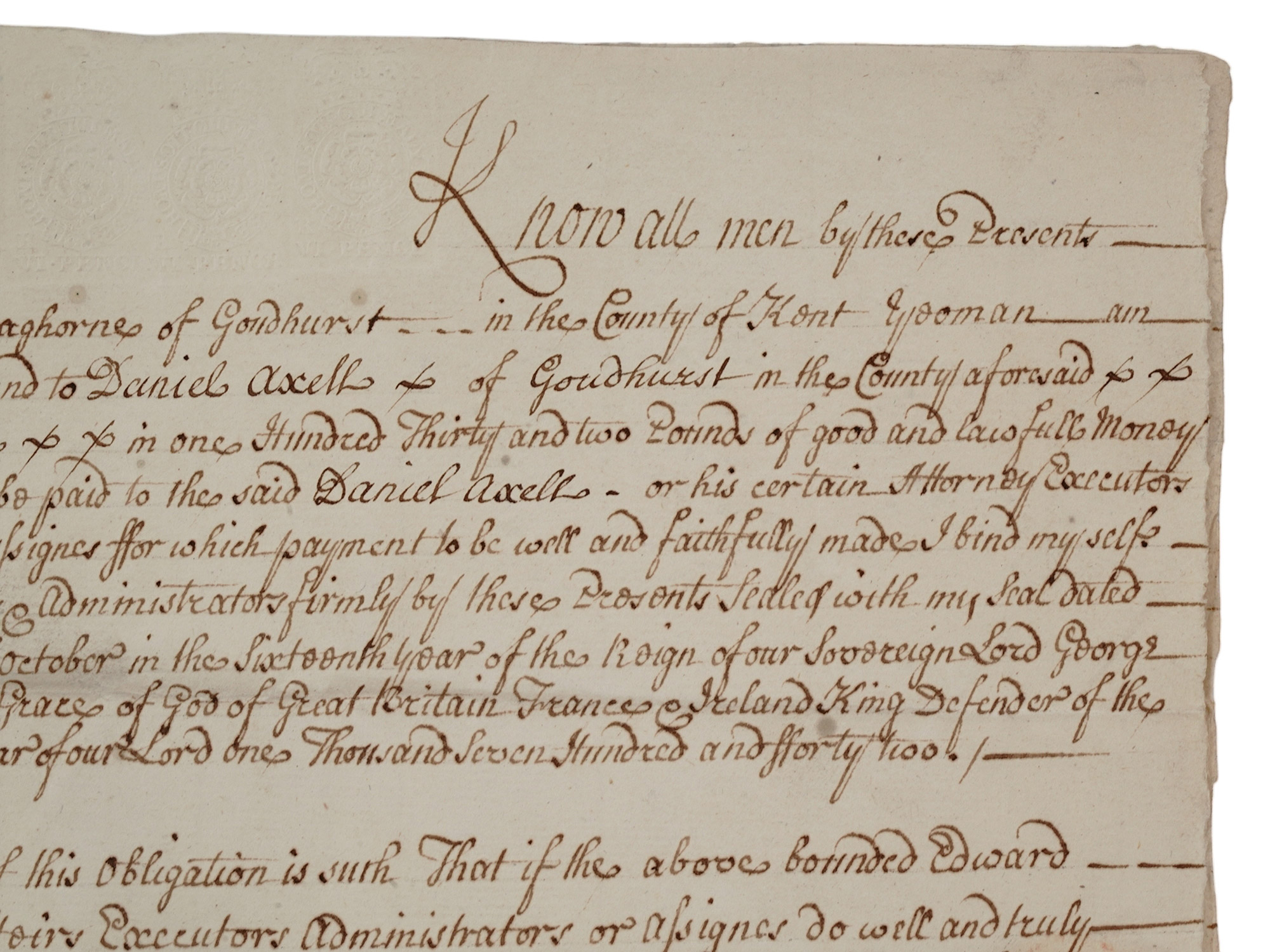 1742 ENGLISH HANDWRITTEN BOND WITH RED WAX SEAL AND TAX STAMPS
