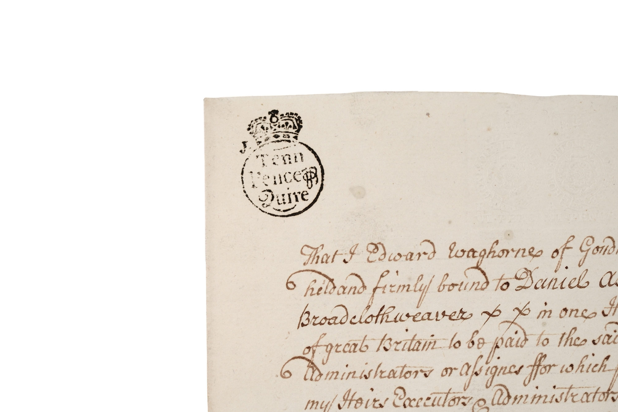 1742 ENGLISH HANDWRITTEN BOND WITH RED WAX SEAL AND TAX STAMPS