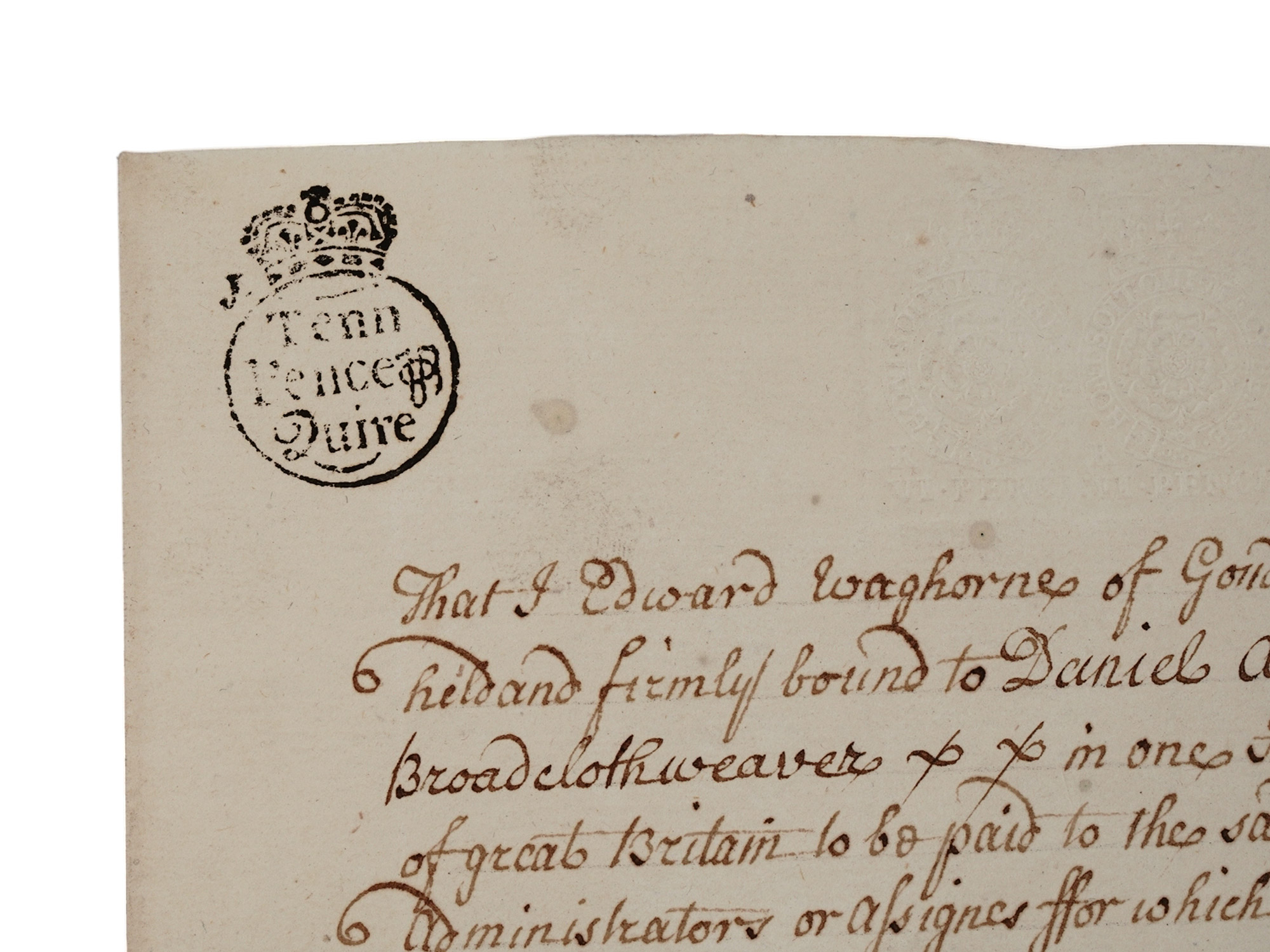 1742 ENGLISH HANDWRITTEN BOND WITH RED WAX SEAL AND TAX STAMPS