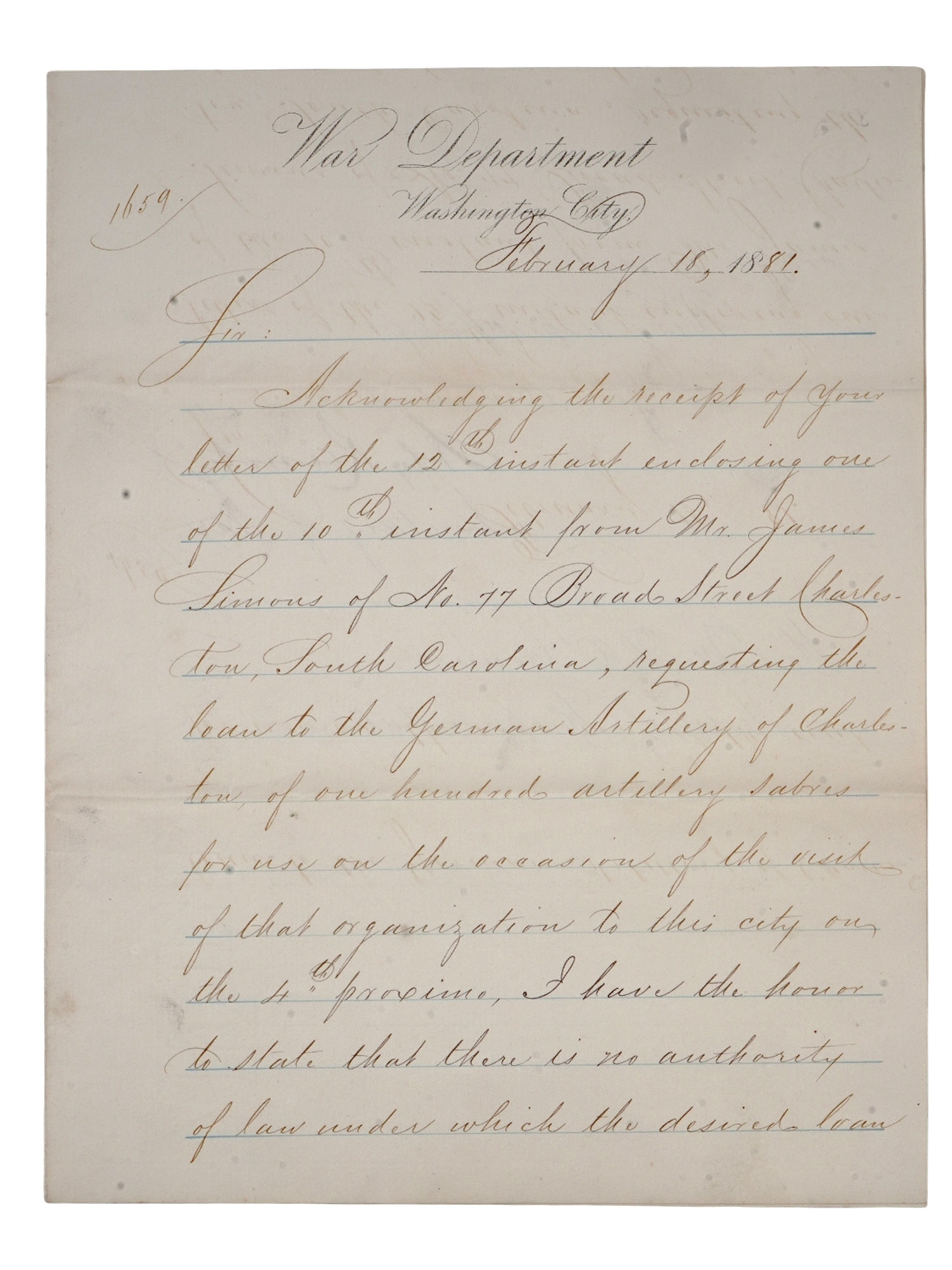 AN AMERICAN WAR DEPARTMENT LETTER TO HOUSE OF REPRESENTATIVES, FEB 1881, SECRETARY OF WAR ALEXANDER RAMSEY AND REPRESENTATIVE MICHAEL PATRIC