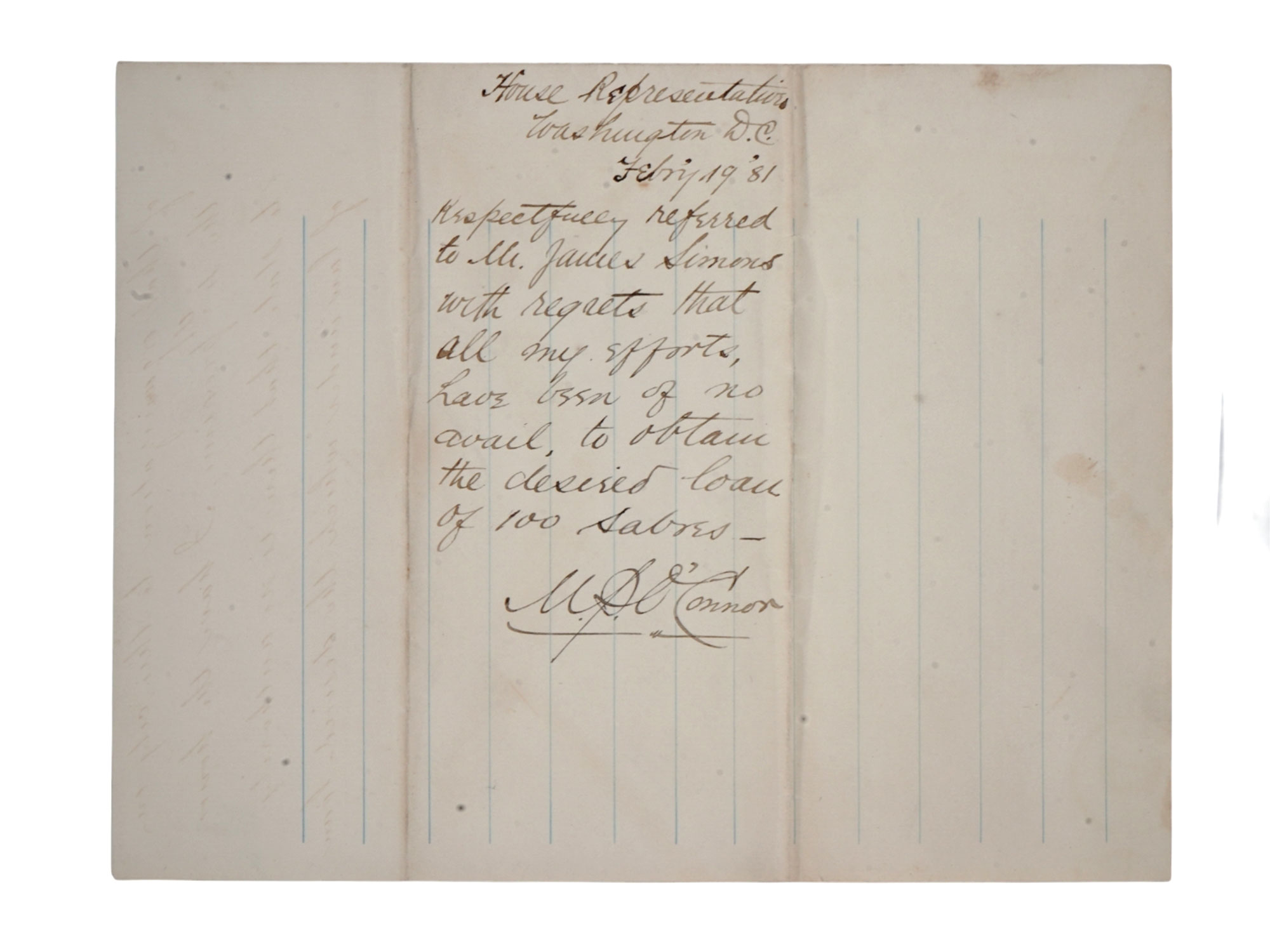 AN AMERICAN WAR DEPARTMENT LETTER TO HOUSE OF REPRESENTATIVES, FEB 1881, SECRETARY OF WAR ALEXANDER RAMSEY AND REPRESENTATIVE MICHAEL PATRIC