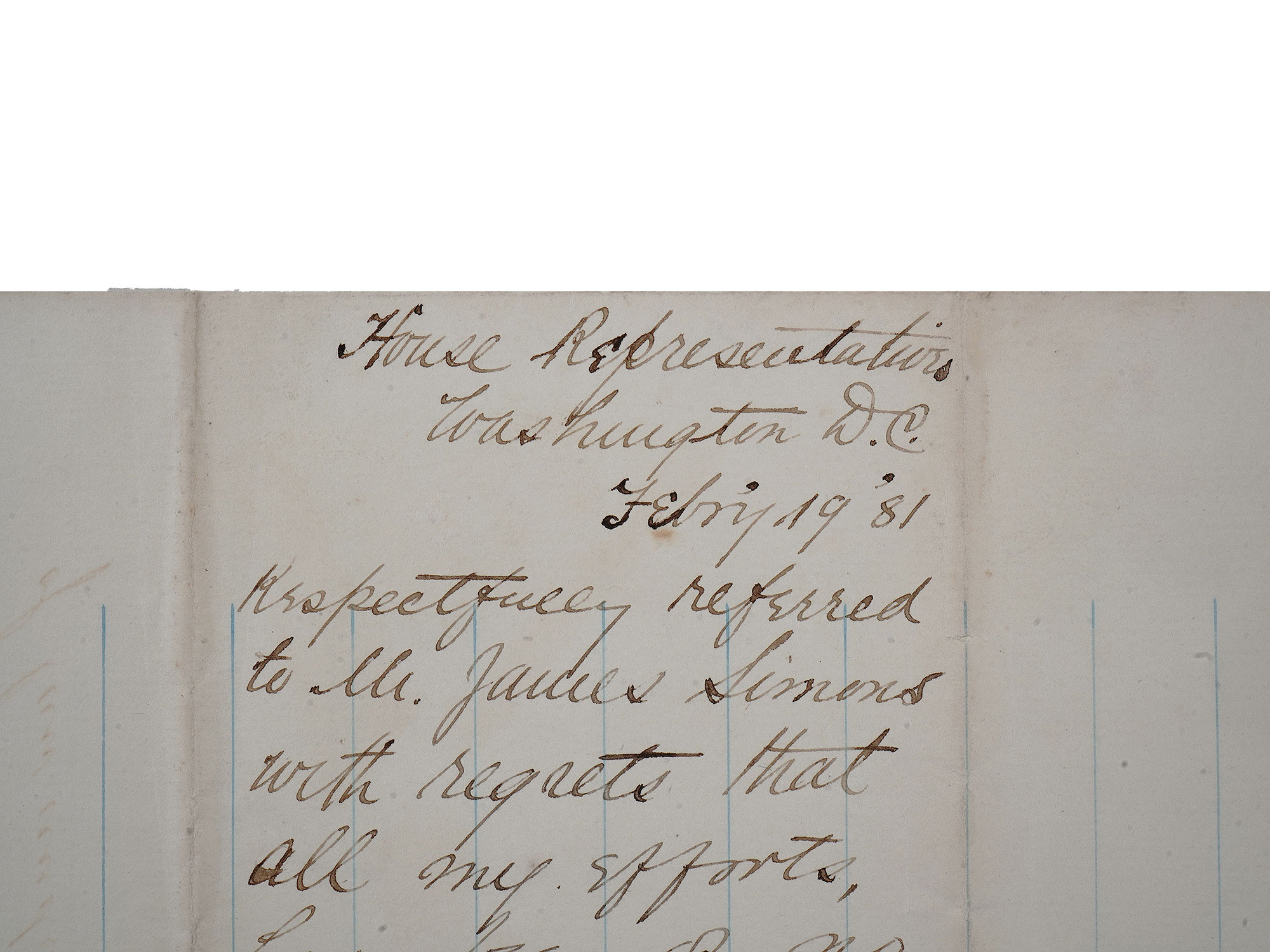AN AMERICAN WAR DEPARTMENT LETTER TO HOUSE OF REPRESENTATIVES, FEB 1881, SECRETARY OF WAR ALEXANDER RAMSEY AND REPRESENTATIVE MICHAEL PATRIC