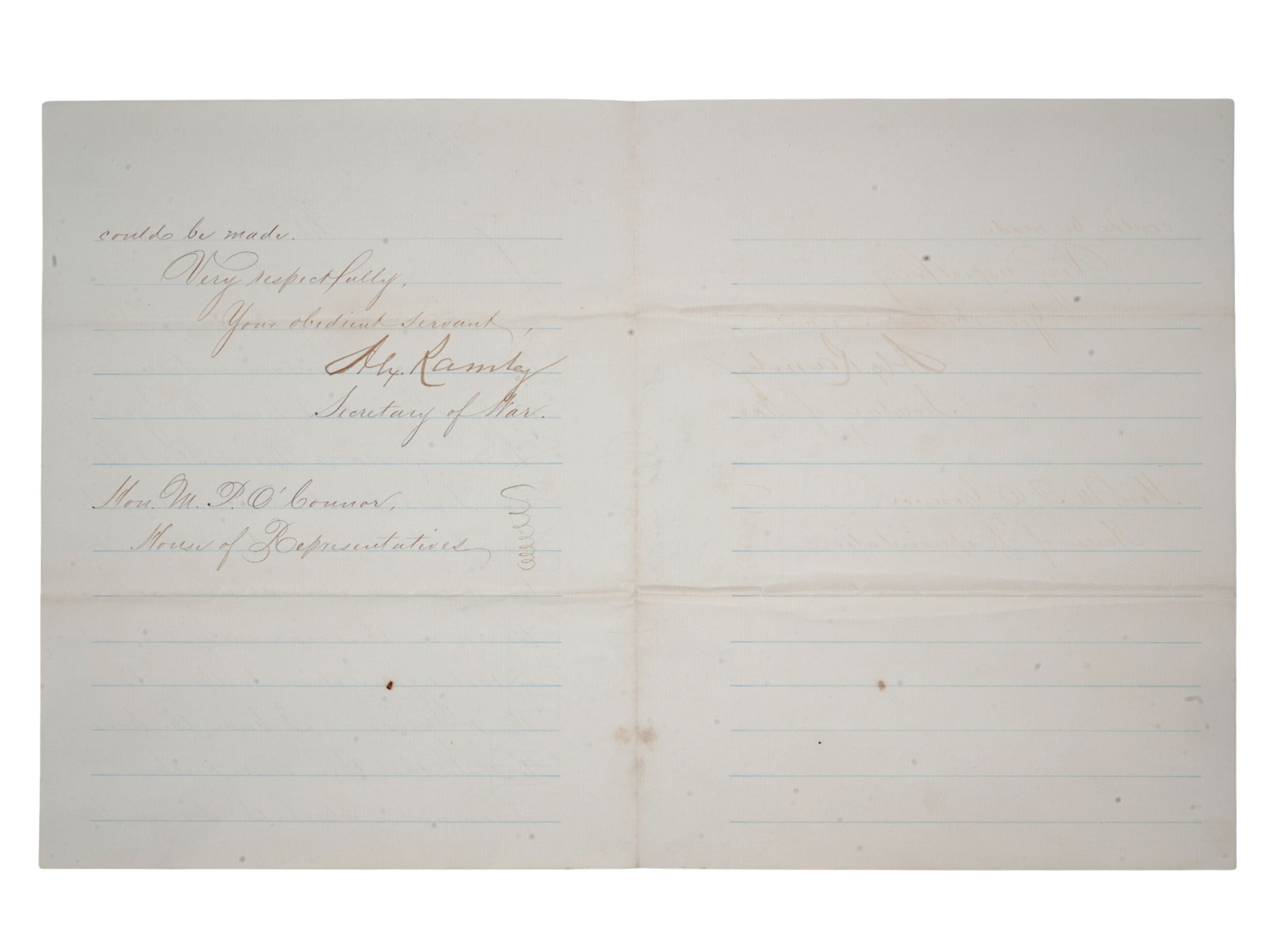 AN AMERICAN WAR DEPARTMENT LETTER TO HOUSE OF REPRESENTATIVES, FEB 1881, SECRETARY OF WAR ALEXANDER RAMSEY AND REPRESENTATIVE MICHAEL PATRIC