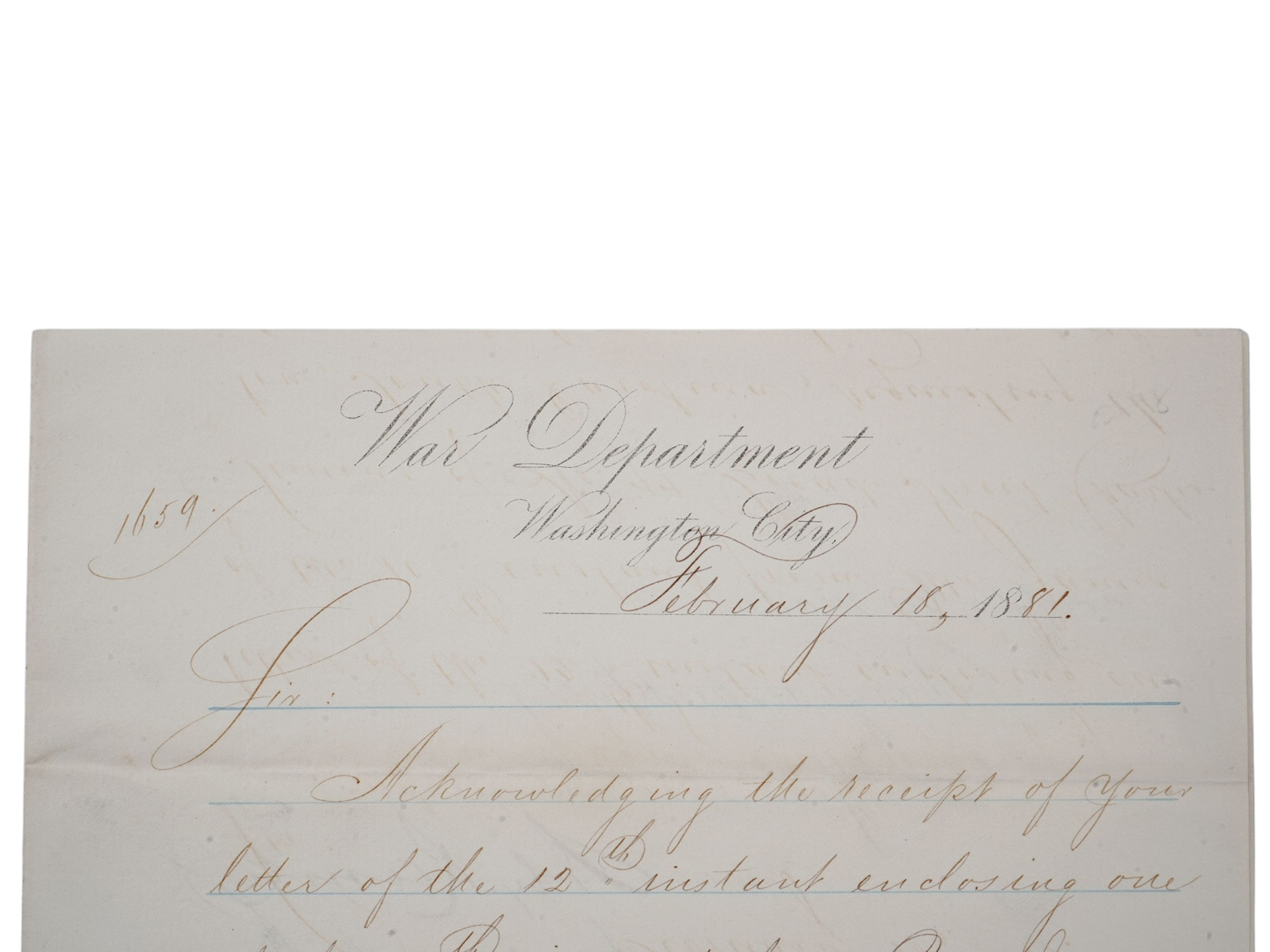 AN AMERICAN WAR DEPARTMENT LETTER TO HOUSE OF REPRESENTATIVES, FEB 1881, SECRETARY OF WAR ALEXANDER RAMSEY AND REPRESENTATIVE MICHAEL PATRIC
