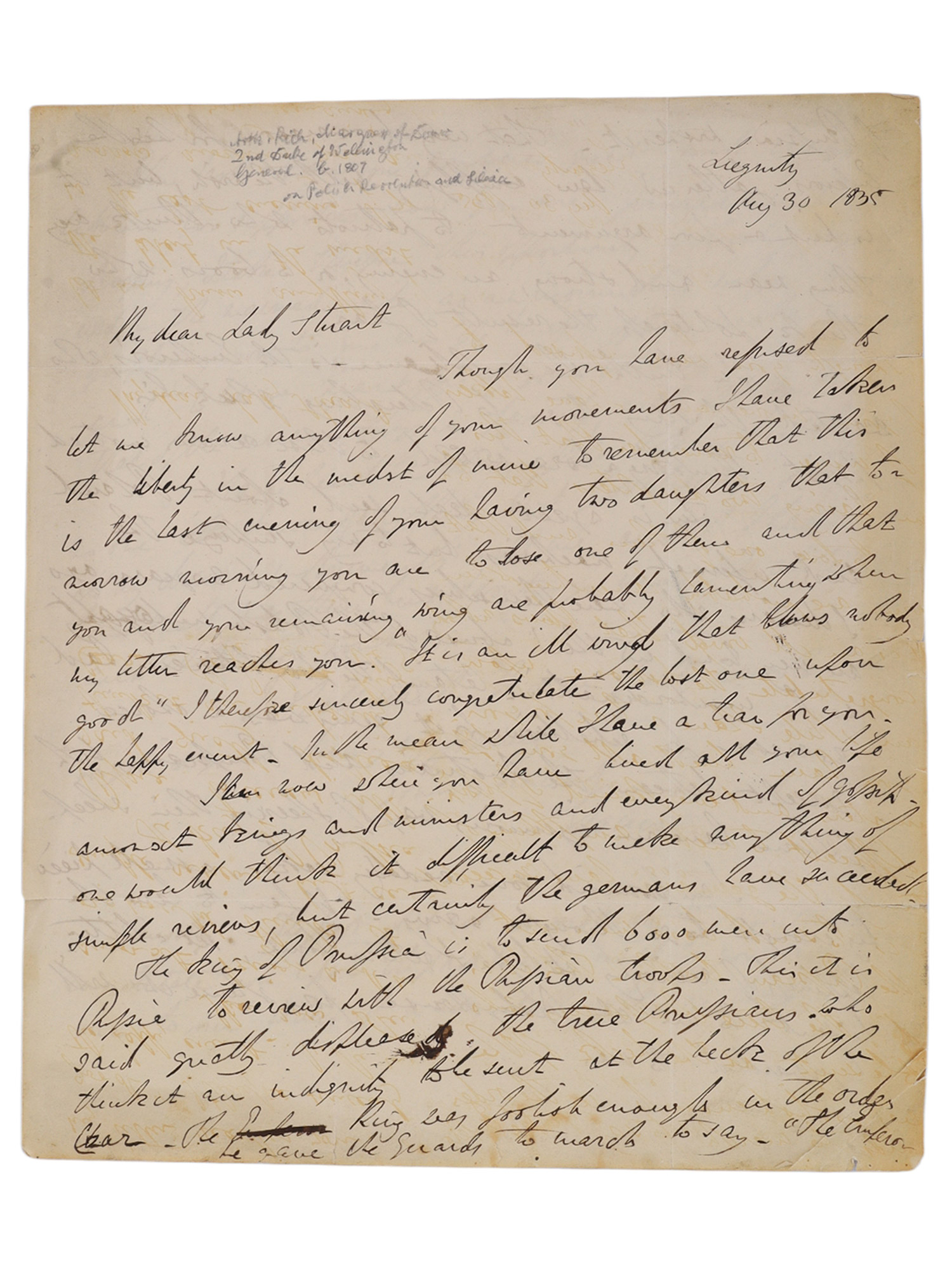 2 LETTERS, 2ND DUKE OF WELLINGTON ARTHUR WELLESLEY ALS, RUSSIA, POLAND, PRUSSIA MILITARY, LADY STUART DE ROTHESAY