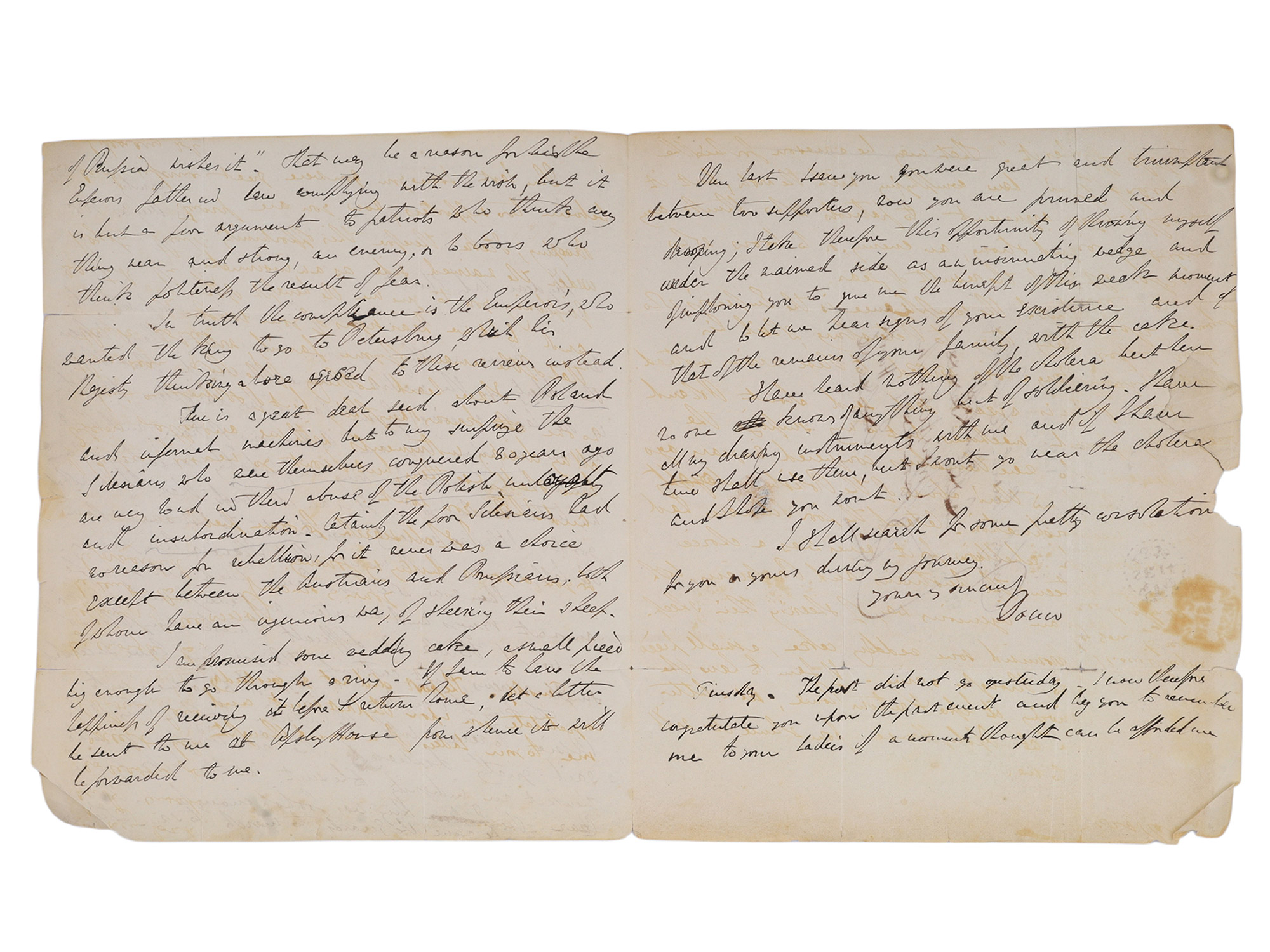 2 LETTERS, 2ND DUKE OF WELLINGTON ARTHUR WELLESLEY ALS, RUSSIA, POLAND, PRUSSIA MILITARY, LADY STUART DE ROTHESAY