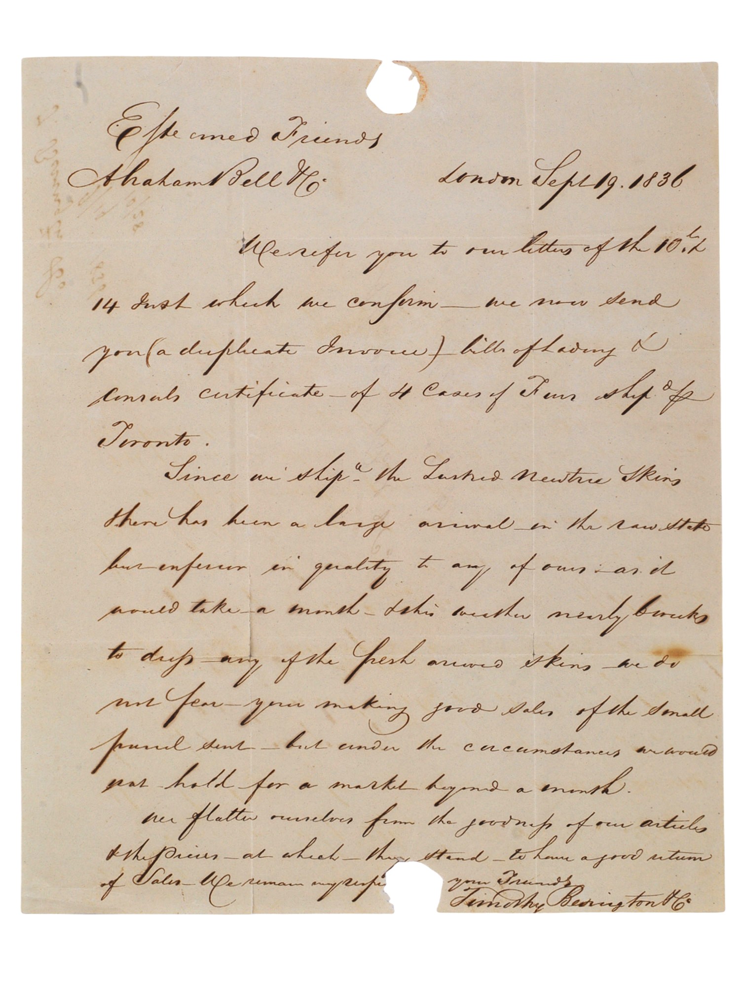1836 HANDWRITTEN LETTER, TIMOTHY BEVINGTON COMPANY, FUR TRADE SHIPPING