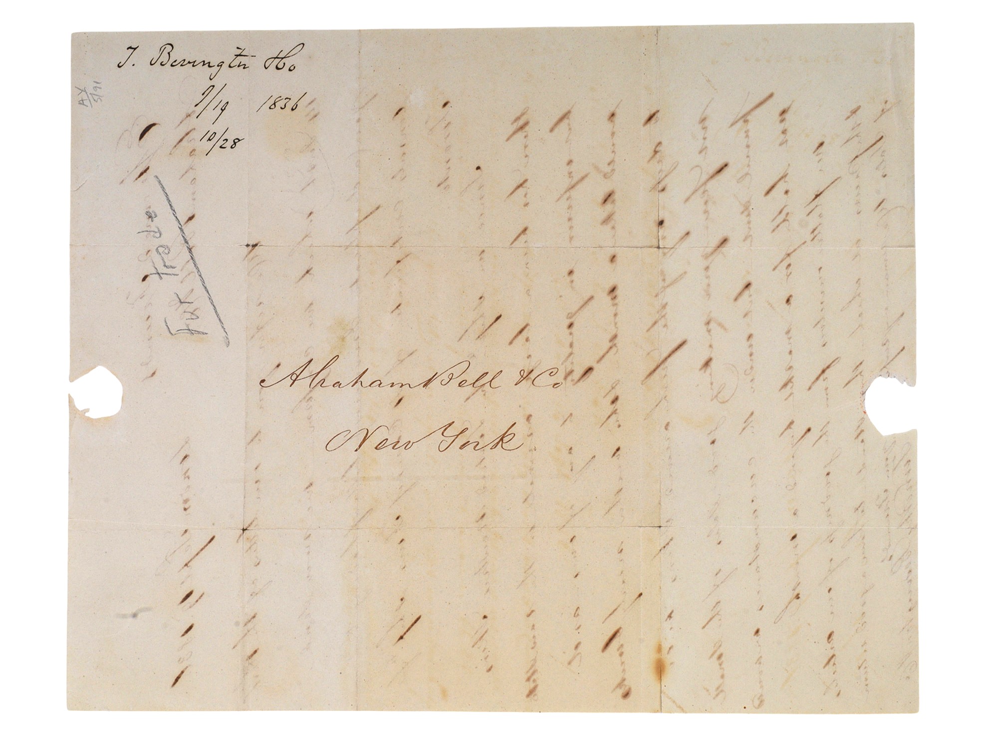 1836 HANDWRITTEN LETTER, TIMOTHY BEVINGTON COMPANY, FUR TRADE SHIPPING