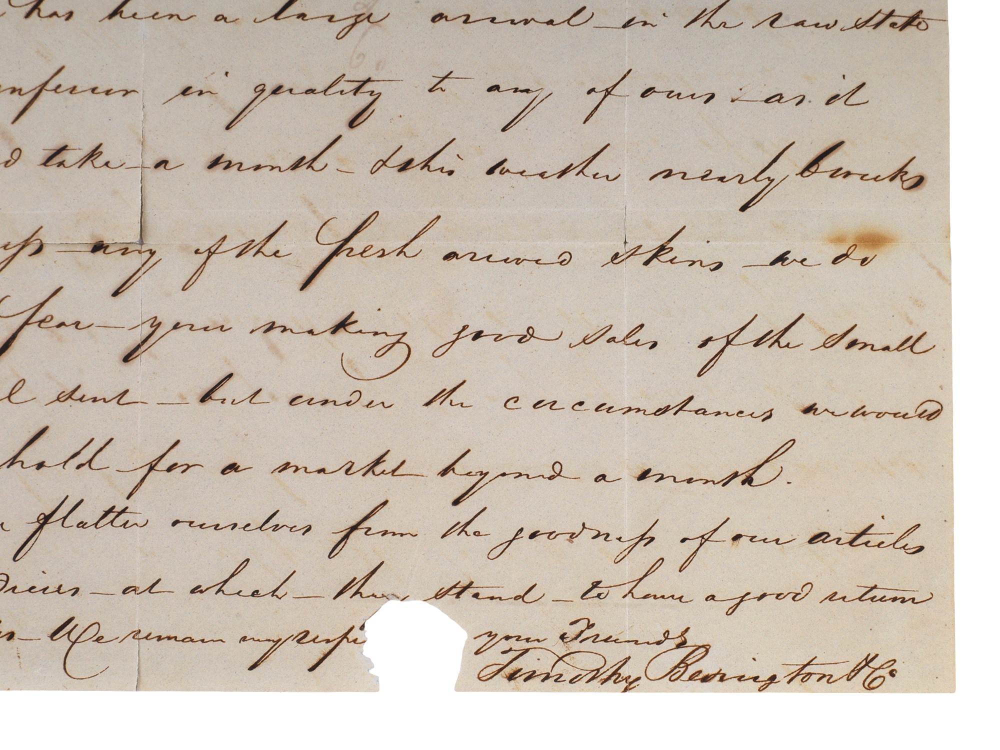 1836 HANDWRITTEN LETTER, TIMOTHY BEVINGTON COMPANY, FUR TRADE SHIPPING