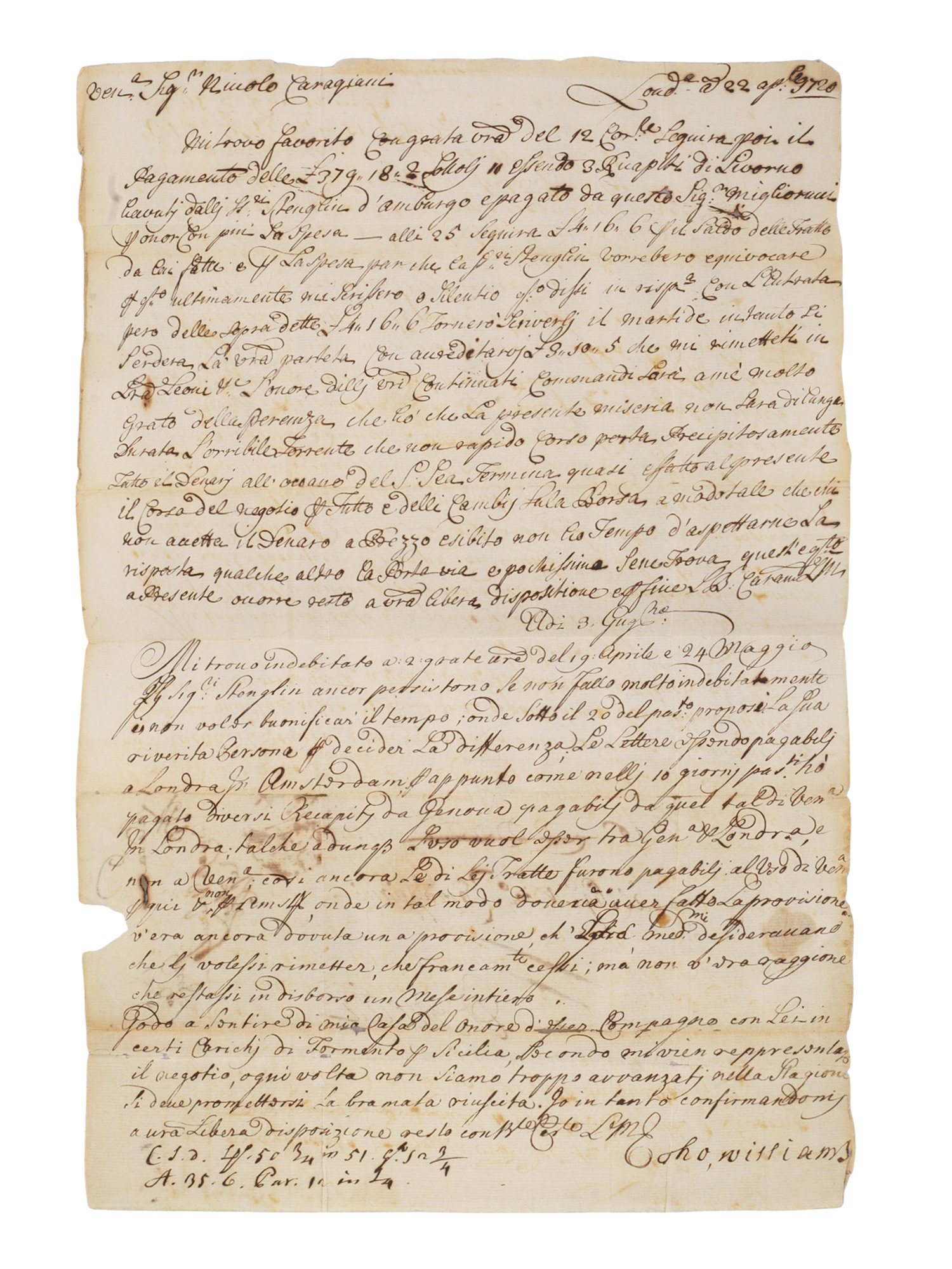 1720 LETTER TO VENETIAN MERCHANT NICCOLO CARAGIANI FROM THOMAS WILLIAMS, SOUTH SEA BUBBLE