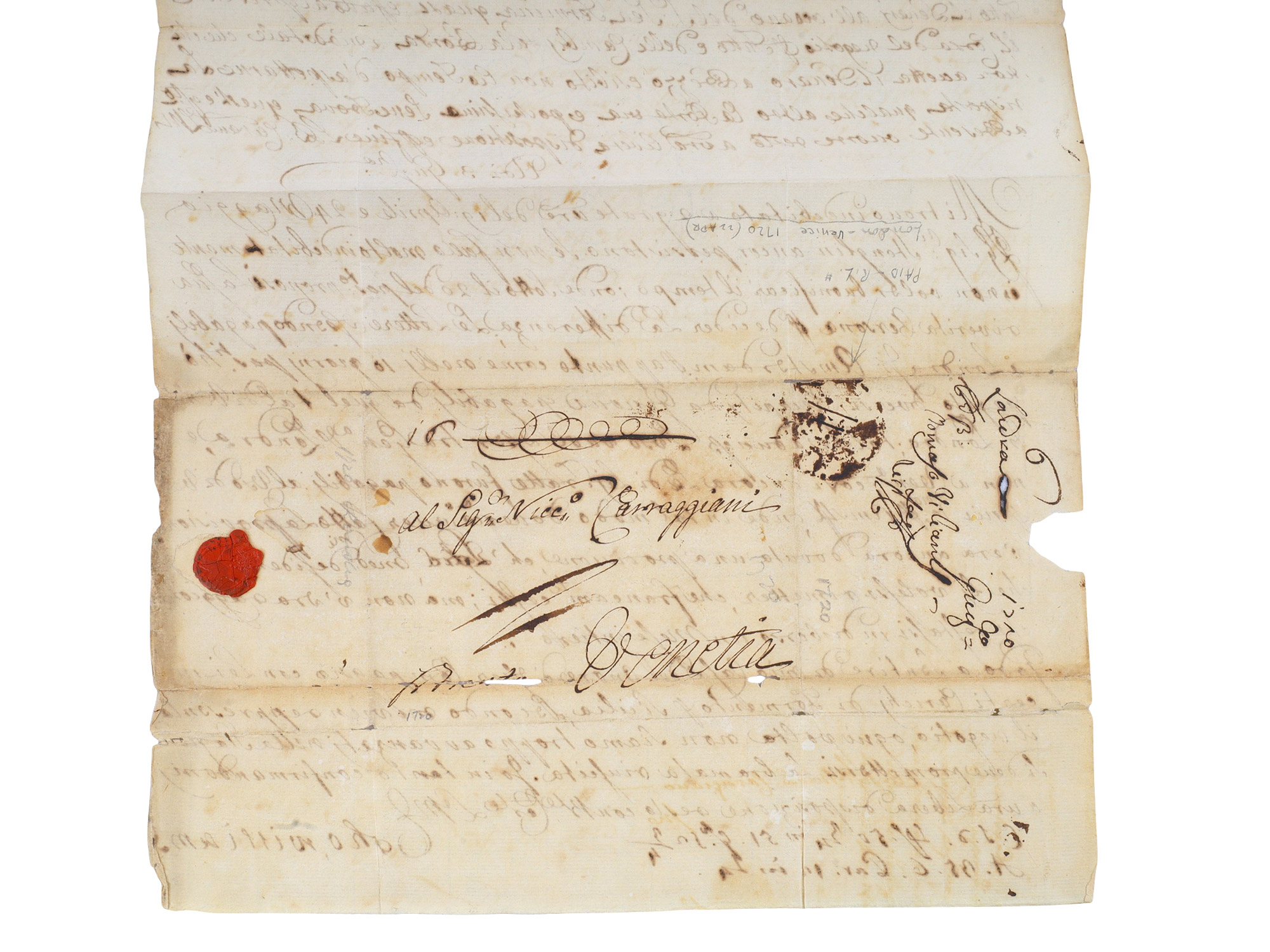 1720 LETTER TO VENETIAN MERCHANT NICCOLO CARAGIANI FROM THOMAS WILLIAMS, SOUTH SEA BUBBLE