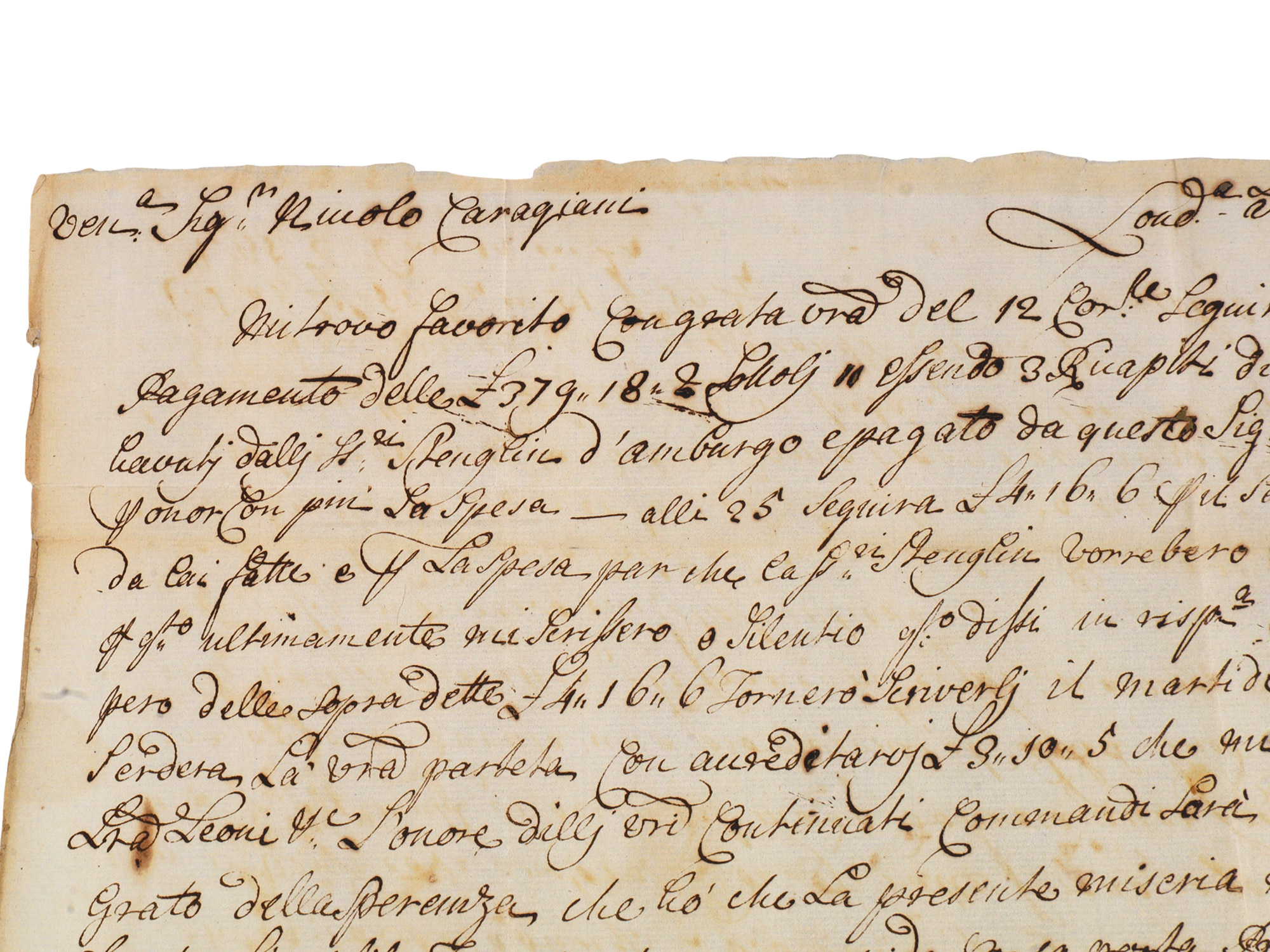 1720 LETTER TO VENETIAN MERCHANT NICCOLO CARAGIANI FROM THOMAS WILLIAMS, SOUTH SEA BUBBLE