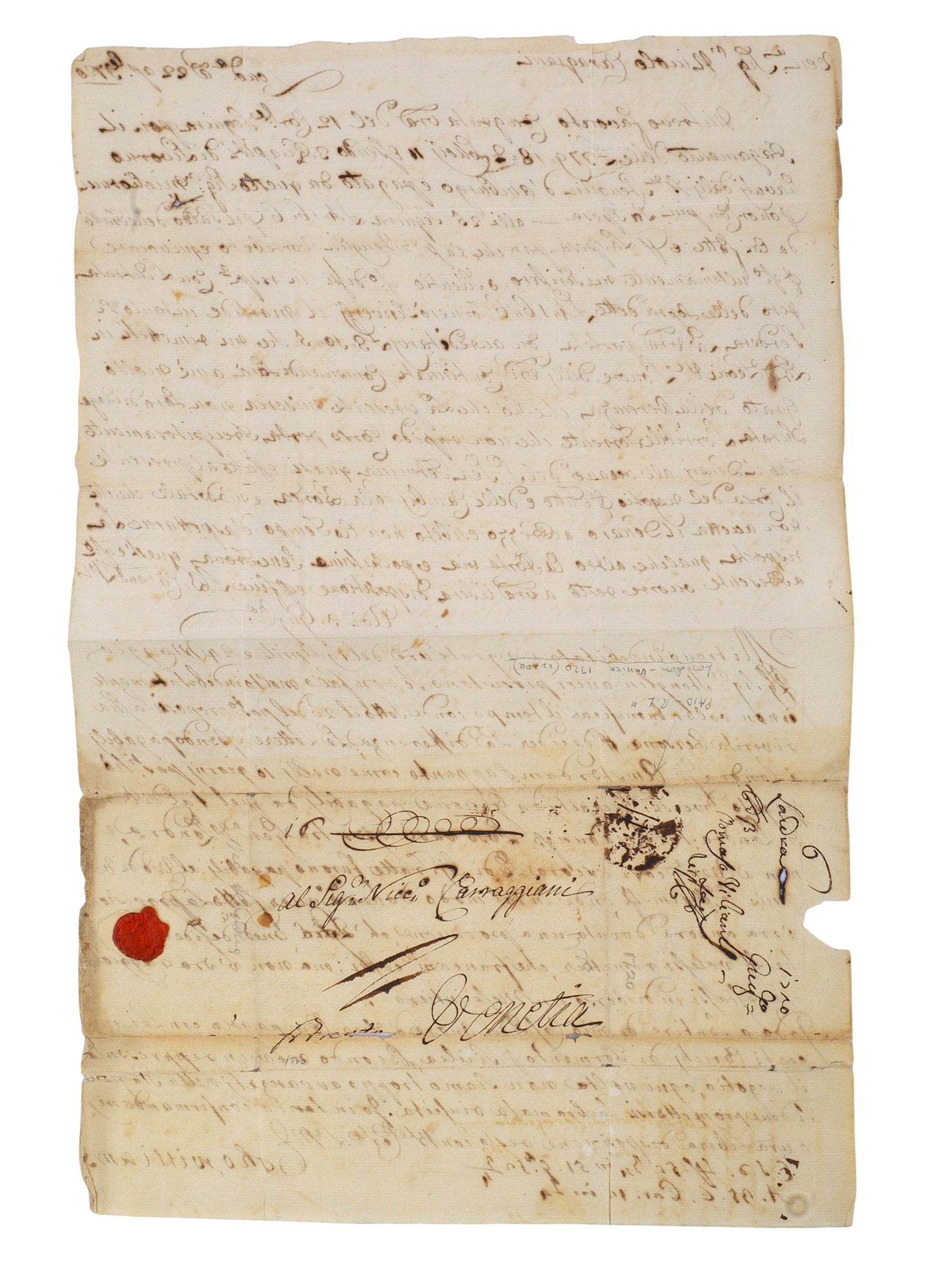 1720 LETTER TO VENETIAN MERCHANT NICCOLO CARAGIANI FROM THOMAS WILLIAMS, SOUTH SEA BUBBLE