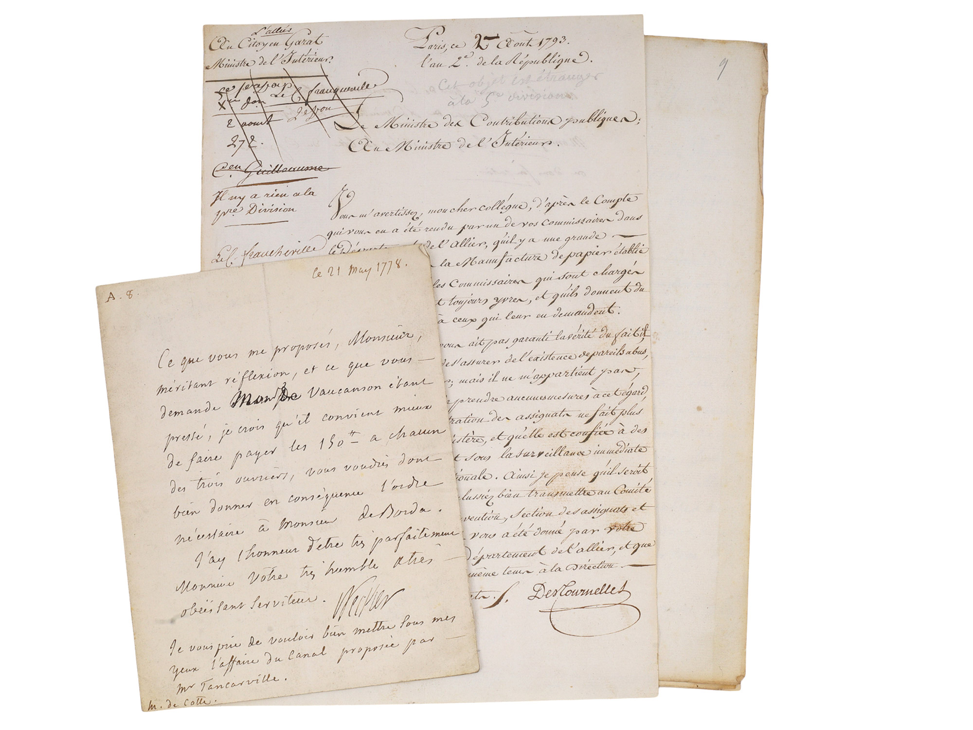 3 FRENCH MANUSCRIPTS, MARQUIS DE CAUMONT, PIERRE MONNIER, LOUIS DESTOURNELLE, 18TH CENTURY