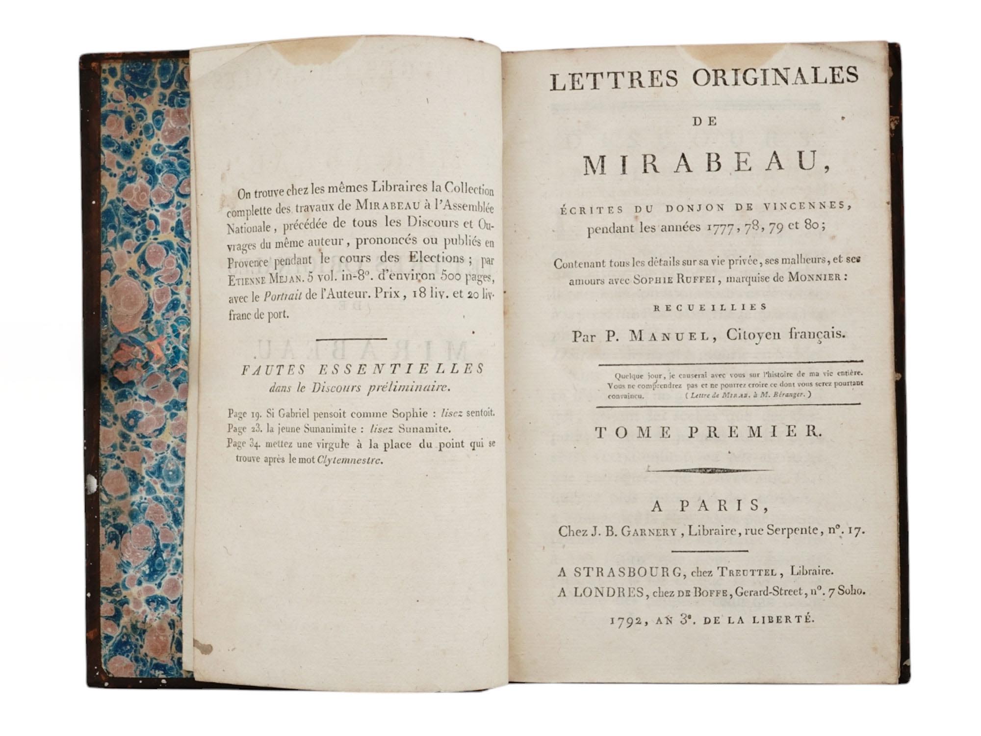 1792 LETTRES DE MIRABEAU 1ST EDITION, 3 VOLS., FRENCH REVOLUTION LEADER, EROTIC LOVE LETTERS