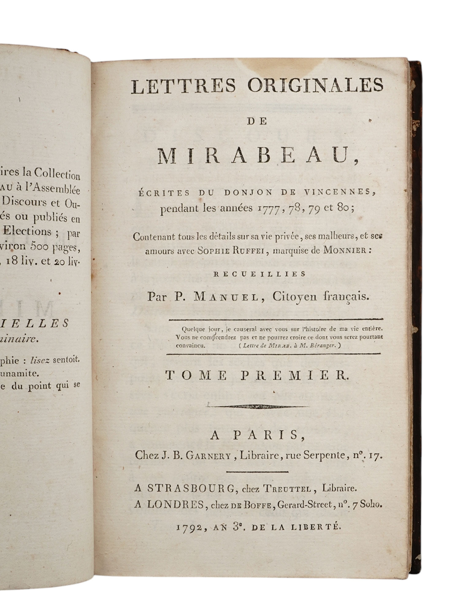 1792 LETTRES DE MIRABEAU 1ST EDITION, 3 VOLS., FRENCH REVOLUTION LEADER, EROTIC LOVE LETTERS