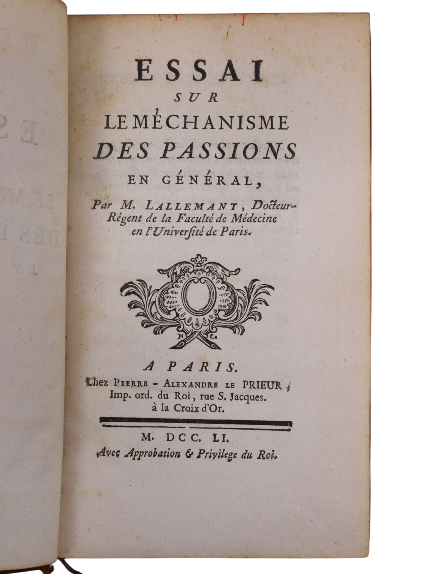 1751 ESSAI SUR LE MECHANISME DES PASSIONS, LALLEMANT, FIRST EDITION, PSYCHOLOGY AND PHILOSOPHY