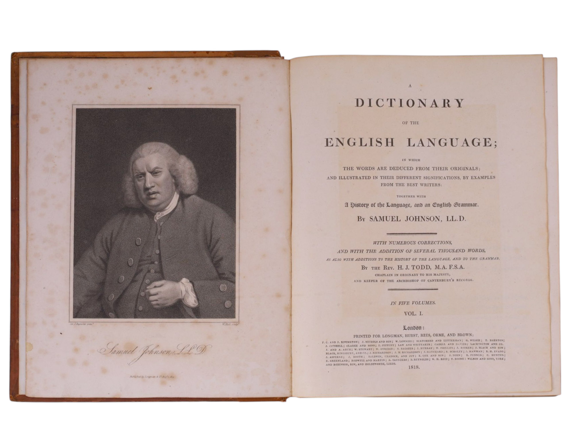 1818 SAMUEL JOHNSON'S DICTIONARY, 5 VOLS, WEDGWOOD PROVENANCE