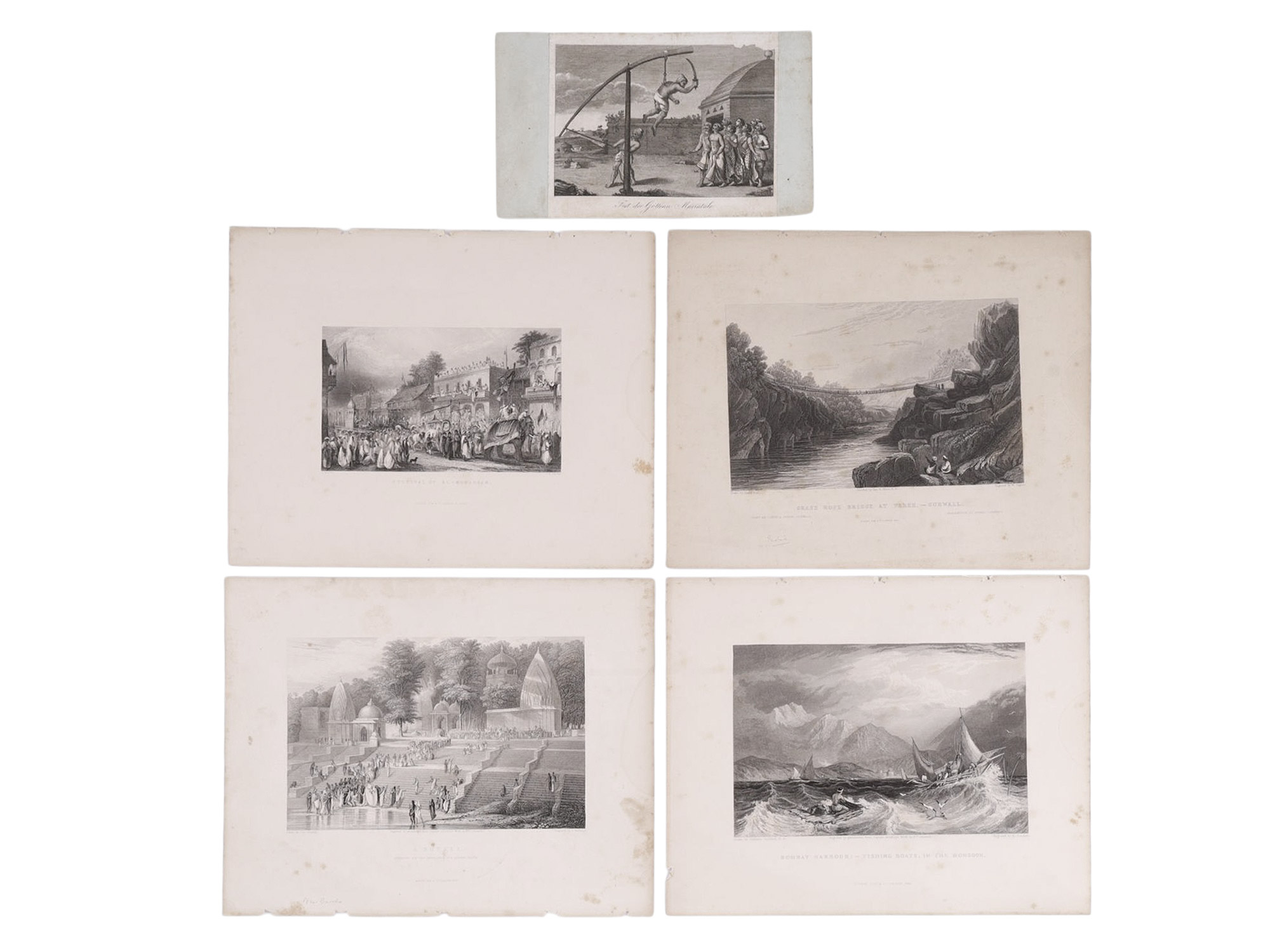 A LOT OF 5 INDIAN CULTURAL PRINTS, CHARAK PUJA FESTIVAL FOR MARIAMMAN, FESTIVAL OF AL-MUHURRAM, SUTTEE AT THE GANGES, 19TH CENTURY