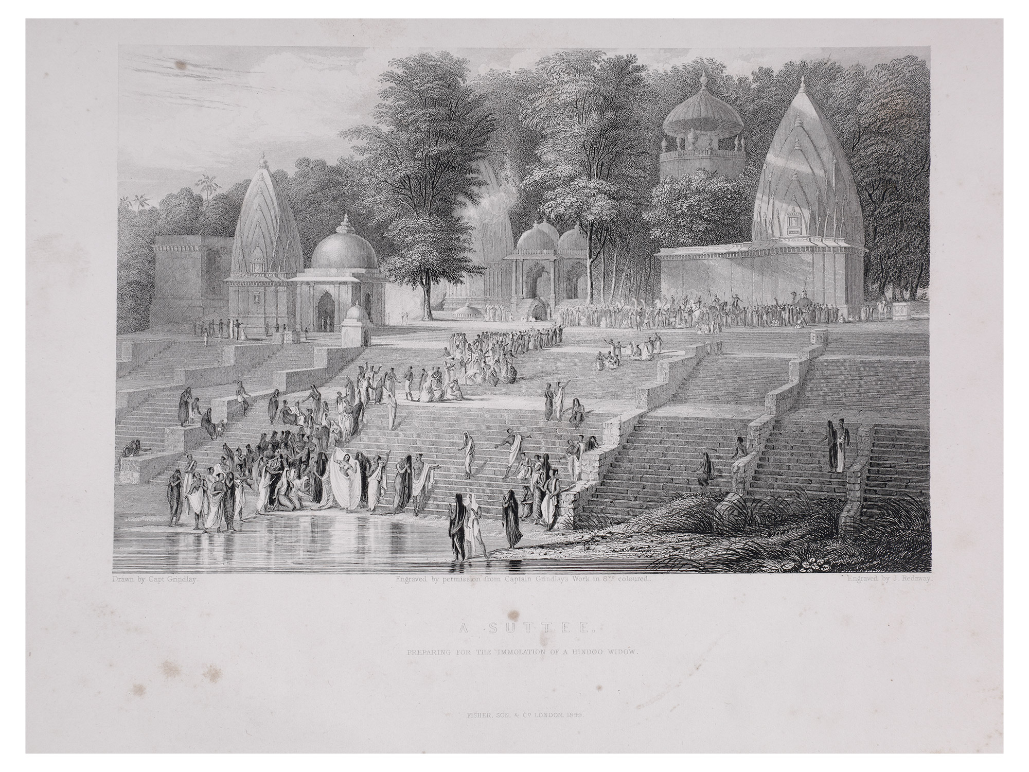 A LOT OF 5 INDIAN CULTURAL PRINTS, CHARAK PUJA FESTIVAL FOR MARIAMMAN, FESTIVAL OF AL-MUHURRAM, SUTTEE AT THE GANGES, 19TH CENTURY