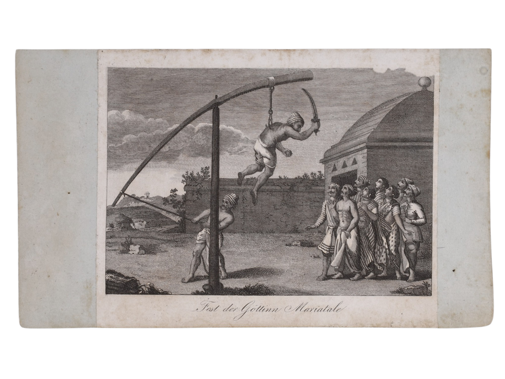 A LOT OF 5 INDIAN CULTURAL PRINTS, CHARAK PUJA FESTIVAL FOR MARIAMMAN, FESTIVAL OF AL-MUHURRAM, SUTTEE AT THE GANGES, 19TH CENTURY