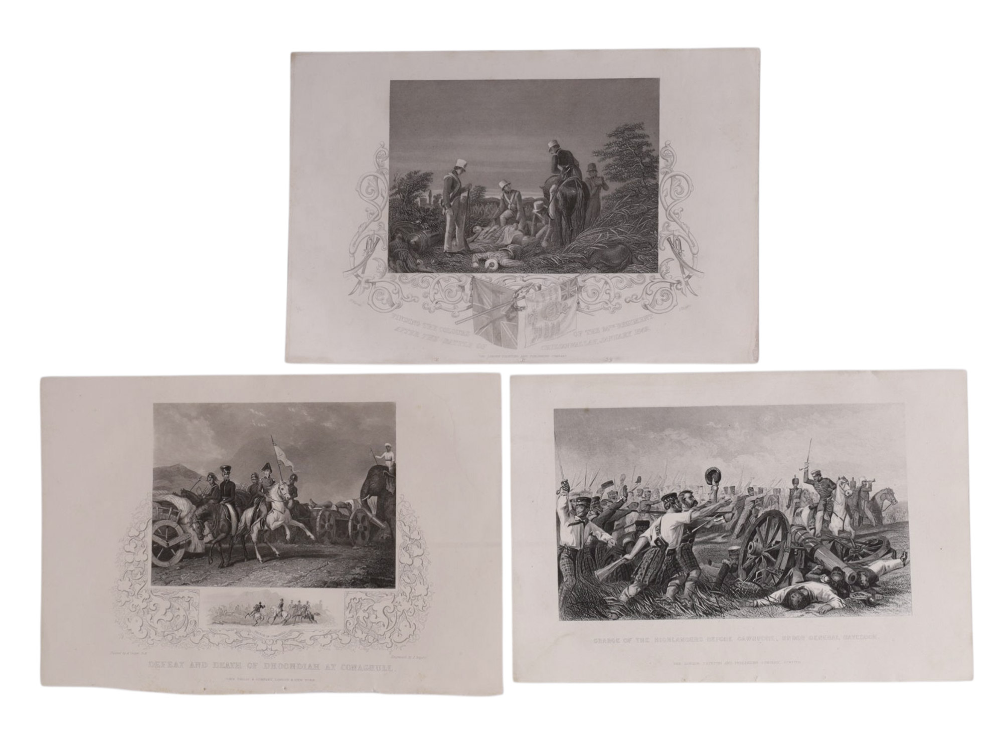 A LOT OF 3 INDIAN BATTLE PRINTS, SCOTTISH HIGHLANDERS AT CAWNPORE, FINDING THE COLOURS AT CHILLIANWALLAH, DEATH OF DHONDIA WAGH, 19TH CENTUR