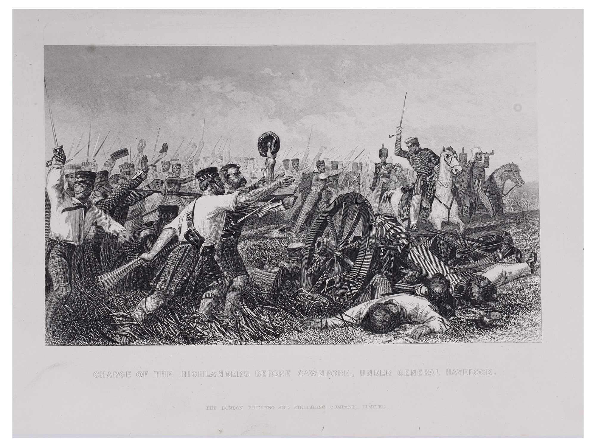 A LOT OF 3 INDIAN BATTLE PRINTS, SCOTTISH HIGHLANDERS AT CAWNPORE, FINDING THE COLOURS AT CHILLIANWALLAH, DEATH OF DHONDIA WAGH, 19TH CENTUR