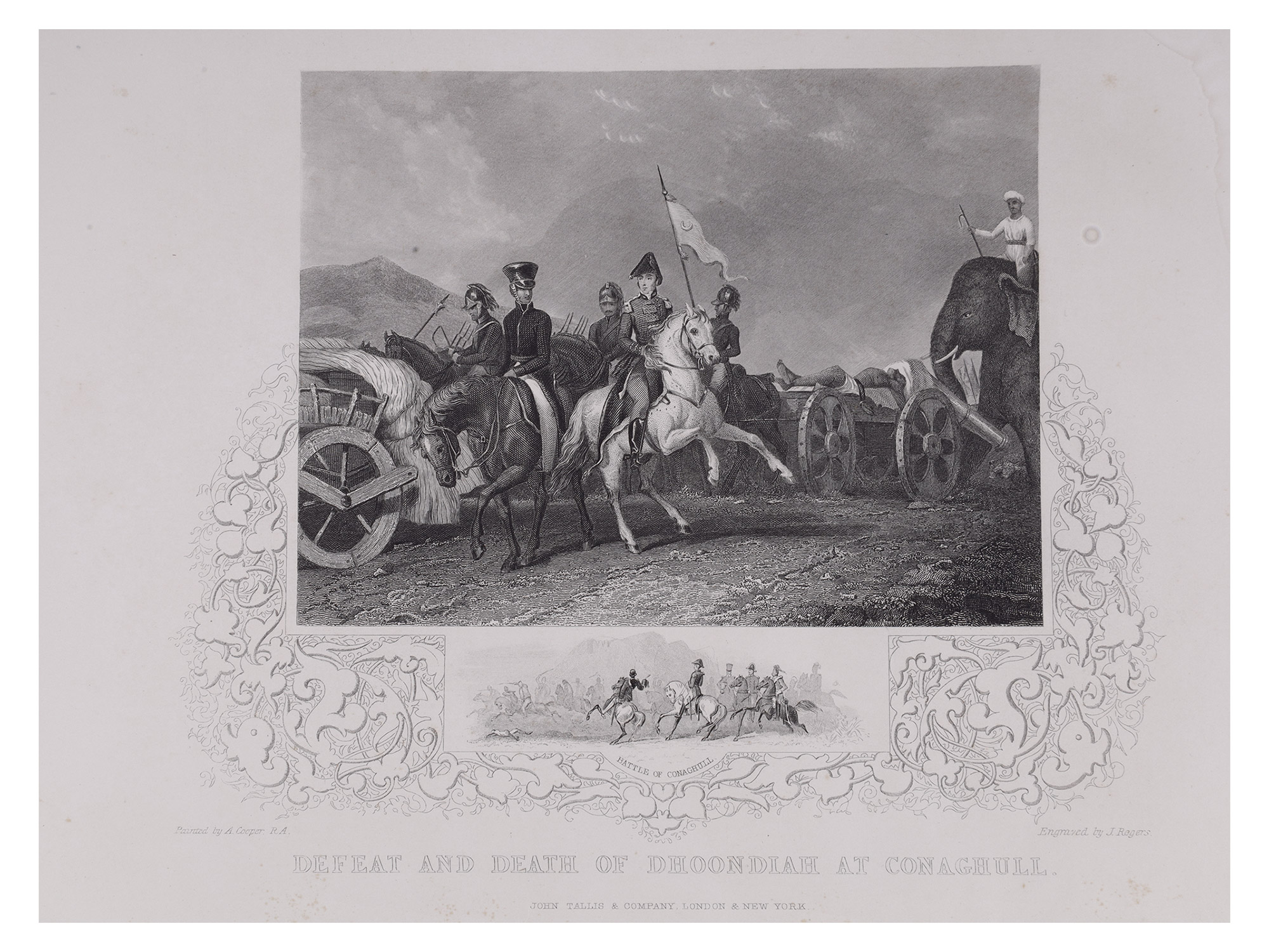 A LOT OF 3 INDIAN BATTLE PRINTS, SCOTTISH HIGHLANDERS AT CAWNPORE, FINDING THE COLOURS AT CHILLIANWALLAH, DEATH OF DHONDIA WAGH, 19TH CENTUR