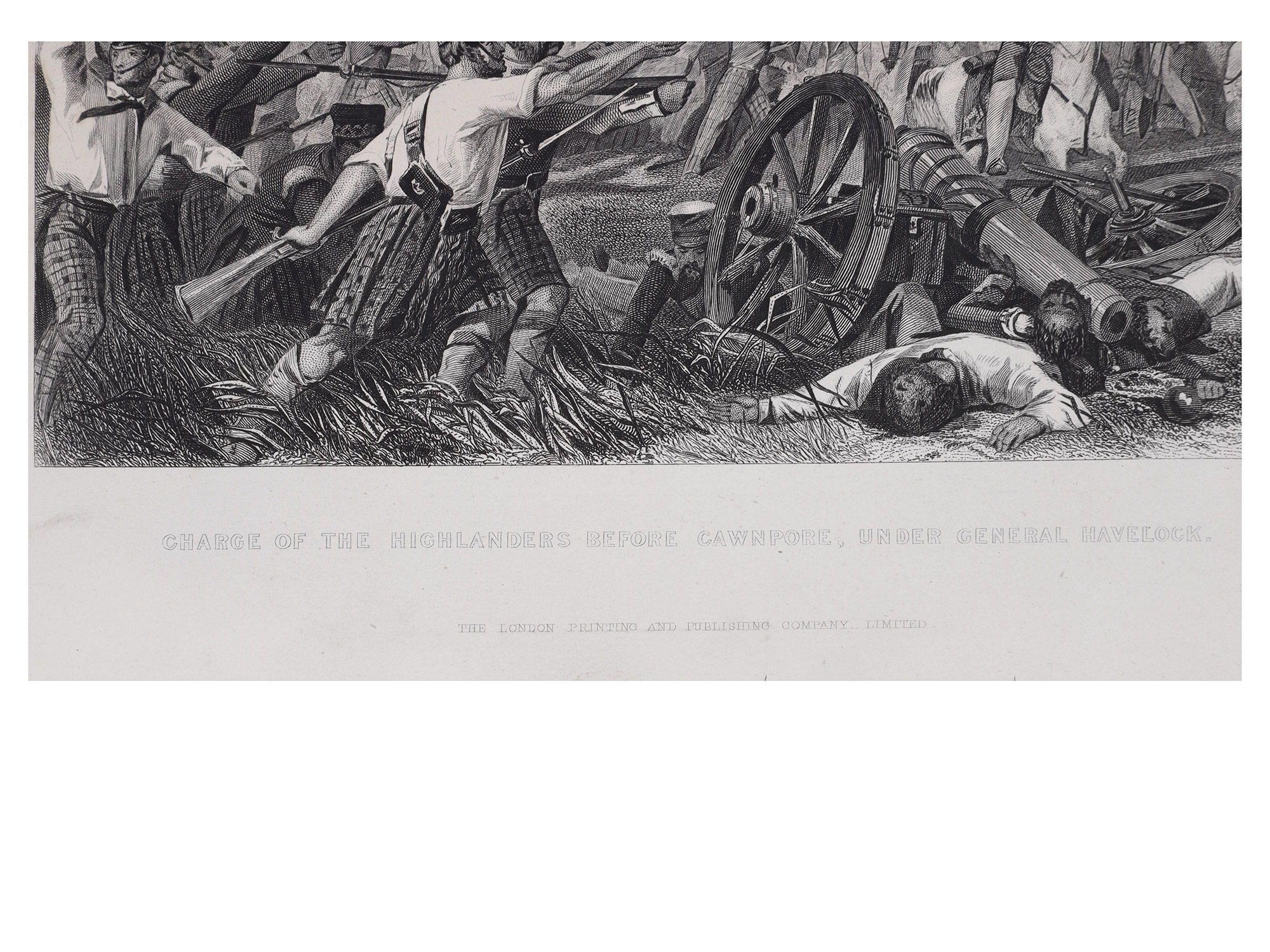 A LOT OF 3 INDIAN BATTLE PRINTS, SCOTTISH HIGHLANDERS AT CAWNPORE, FINDING THE COLOURS AT CHILLIANWALLAH, DEATH OF DHONDIA WAGH, 19TH CENTUR