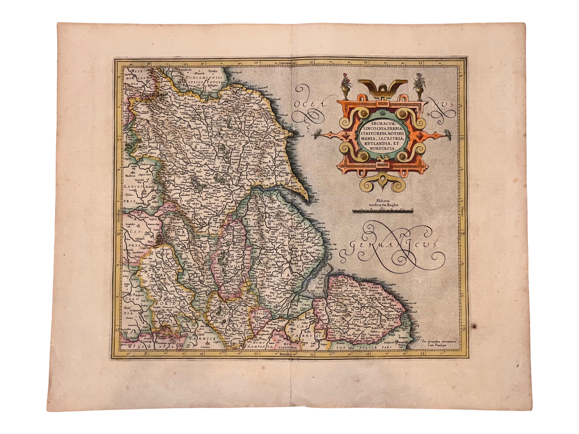 C. 1633 GERARDUS MERCATOR MAP OF ENGLAND, YORK, LINCOLN, NORFOLK, HAND-COLORED