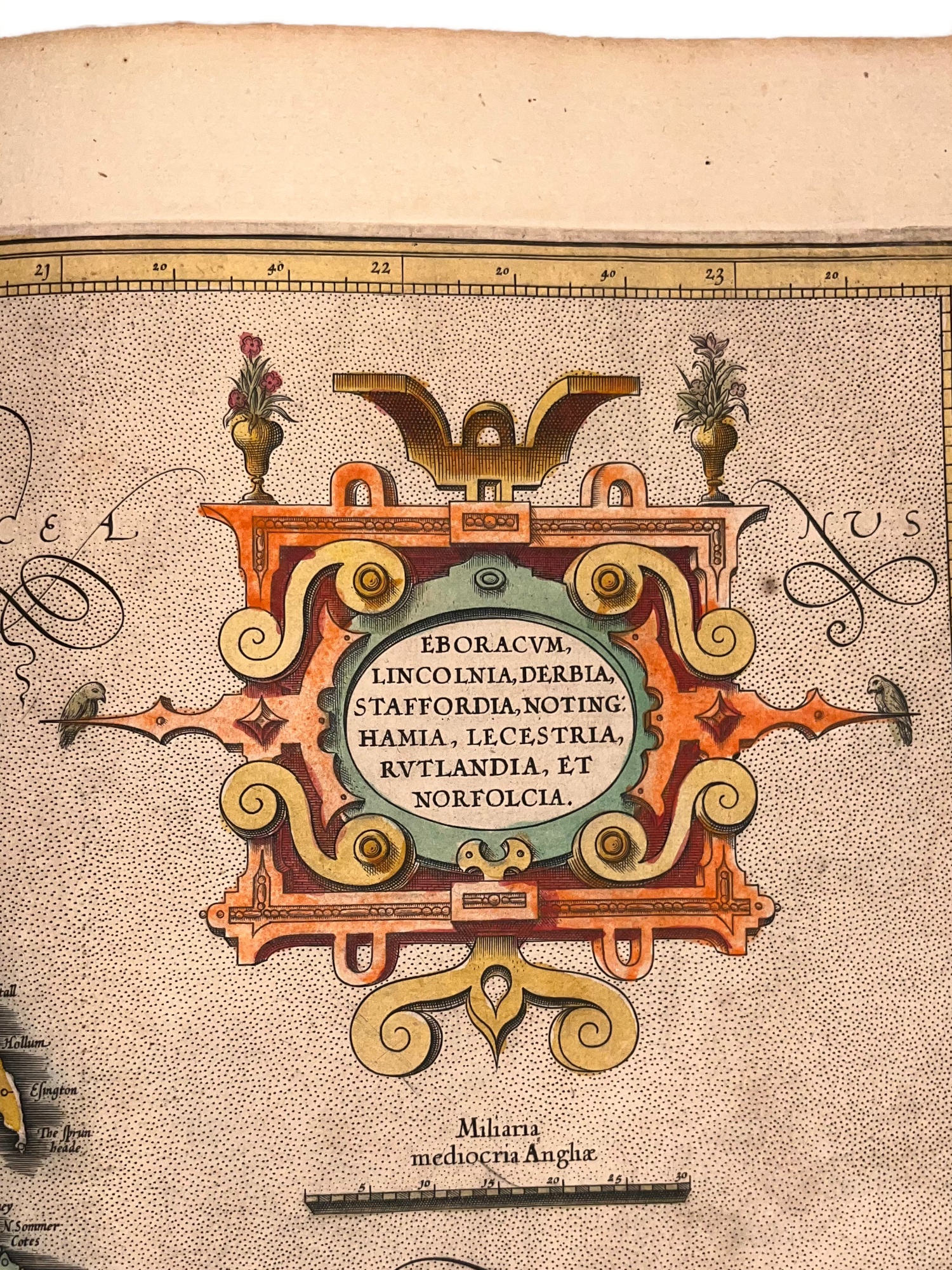 C. 1633 GERARDUS MERCATOR MAP OF ENGLAND, YORK, LINCOLN, NORFOLK, HAND-COLORED