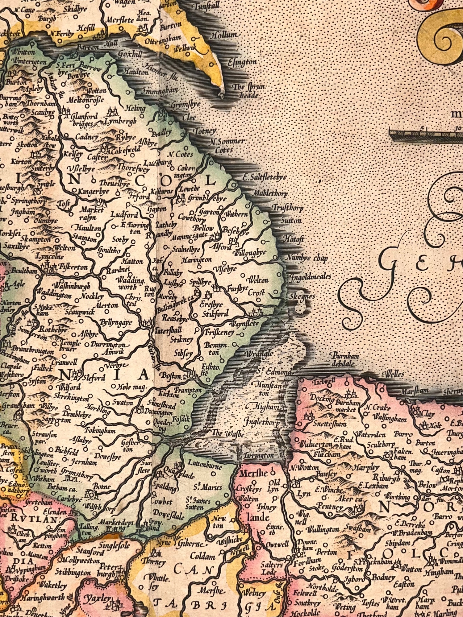 C. 1633 GERARDUS MERCATOR MAP OF ENGLAND, YORK, LINCOLN, NORFOLK, HAND-COLORED