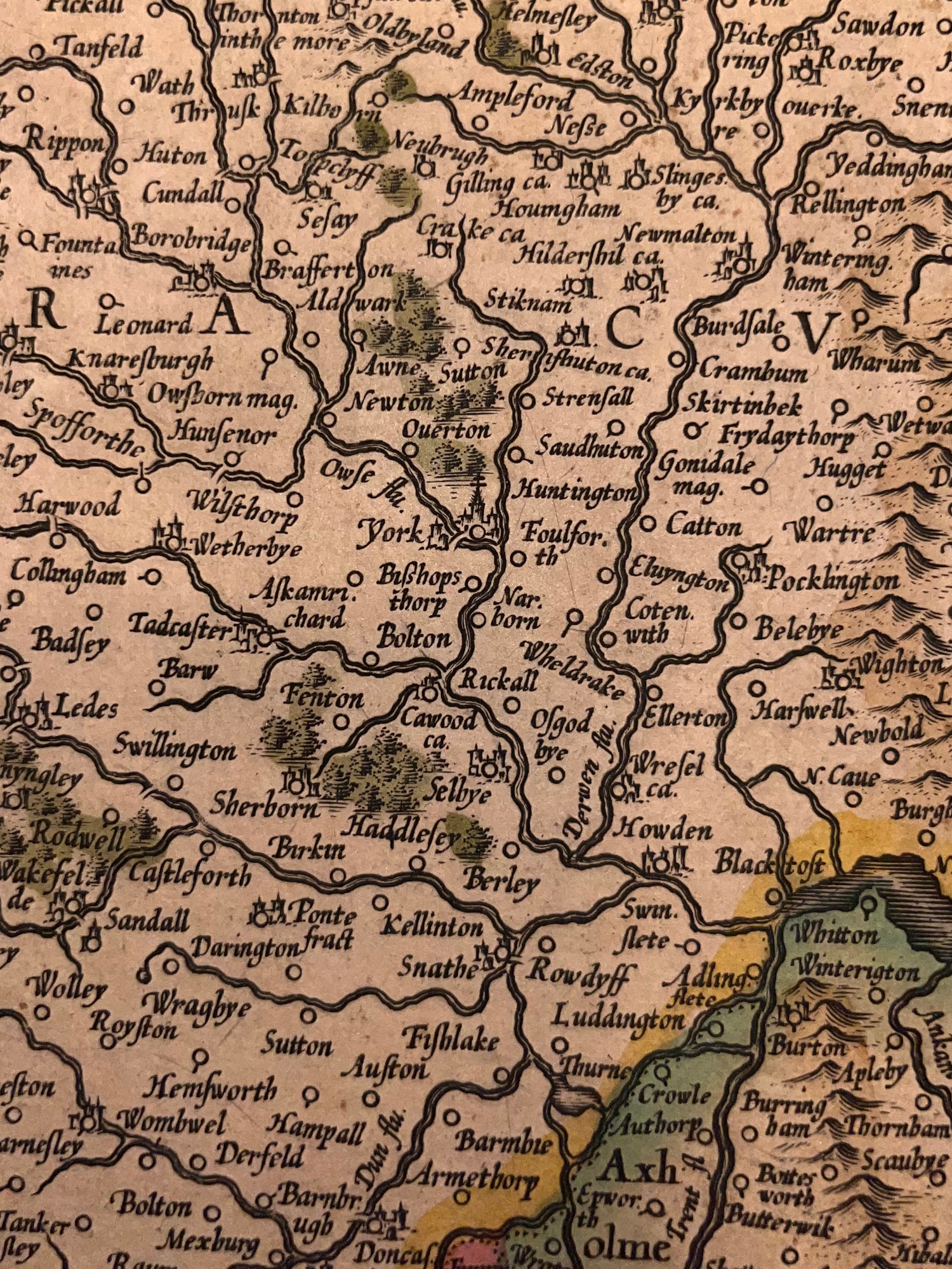 C. 1633 GERARDUS MERCATOR MAP OF ENGLAND, YORK, LINCOLN, NORFOLK, HAND-COLORED