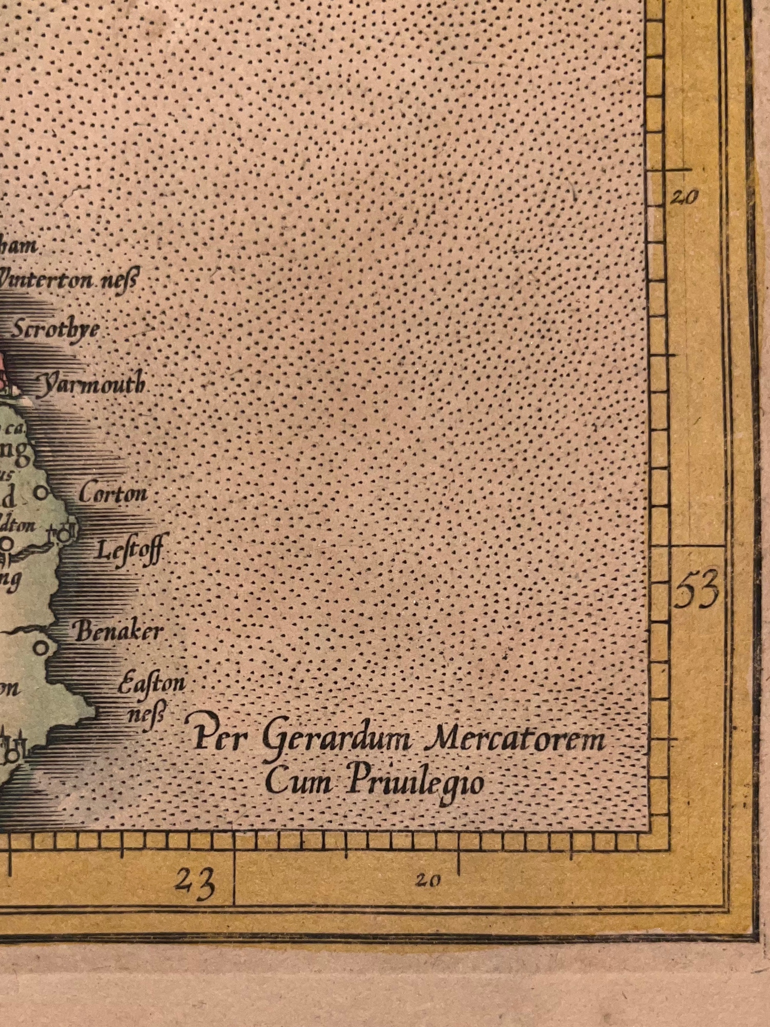 C. 1633 GERARDUS MERCATOR MAP OF ENGLAND, YORK, LINCOLN, NORFOLK, HAND-COLORED