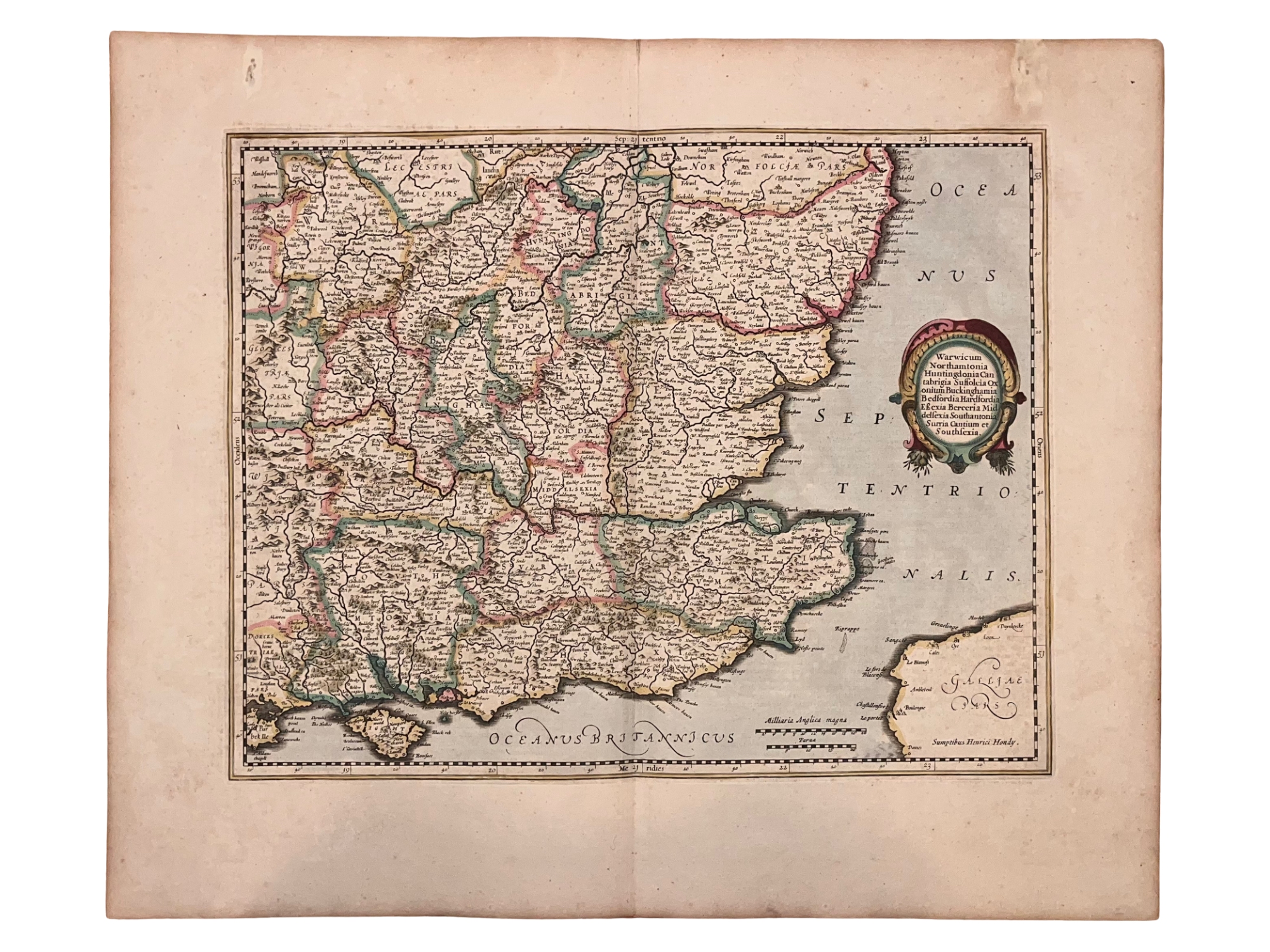 C. 1636 HENRICUS HONDIUS MAP OF SOUTHEAST ENGLAND, HAND-COLORED