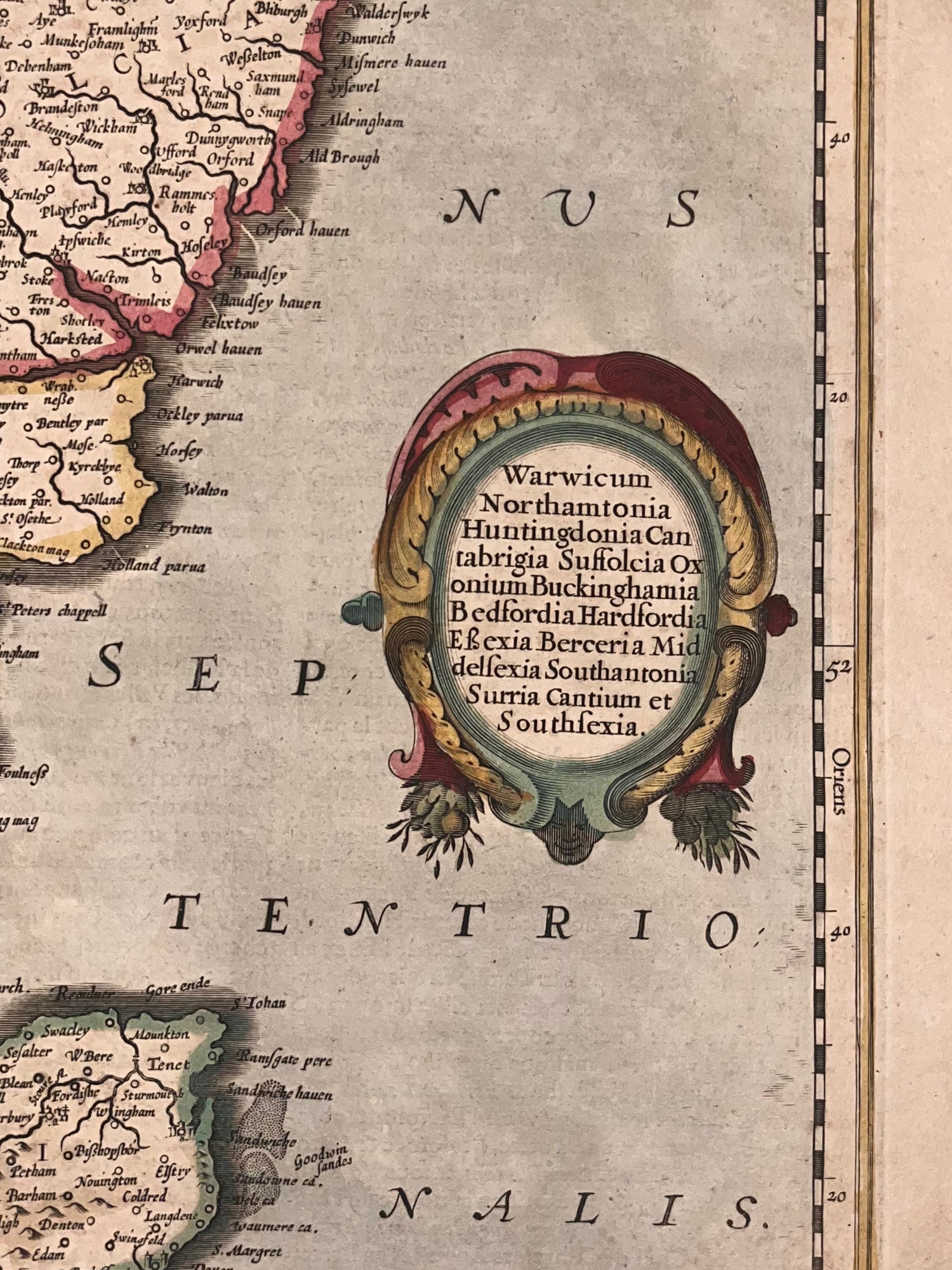 C. 1636 HENRICUS HONDIUS MAP OF SOUTHEAST ENGLAND, HAND-COLORED