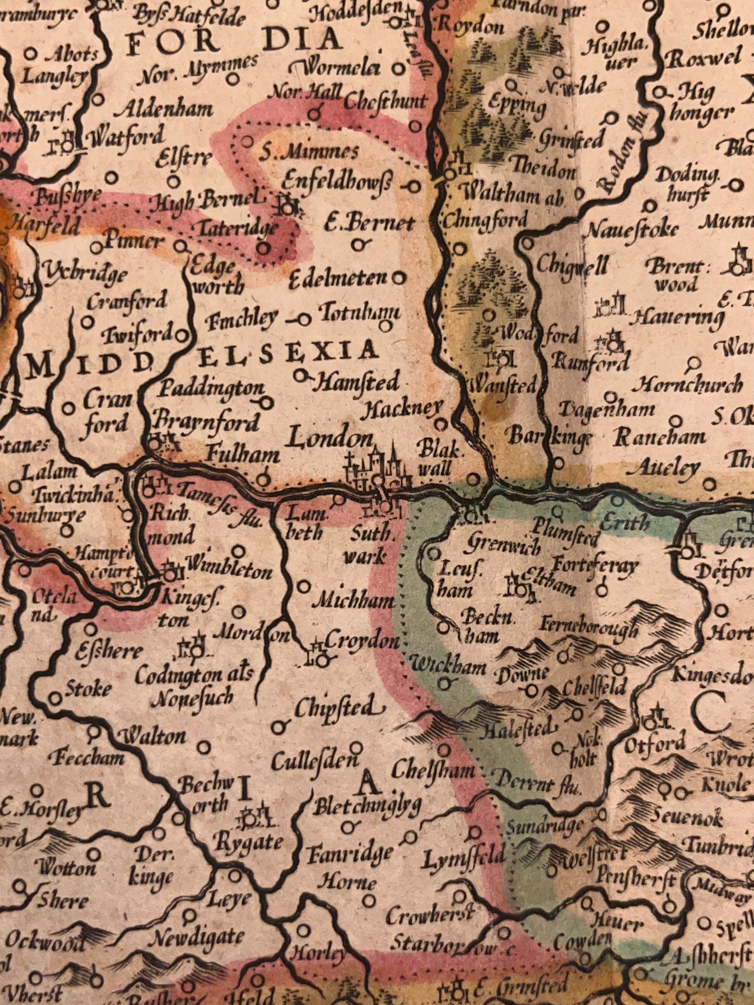 C. 1636 HENRICUS HONDIUS MAP OF SOUTHEAST ENGLAND, HAND-COLORED