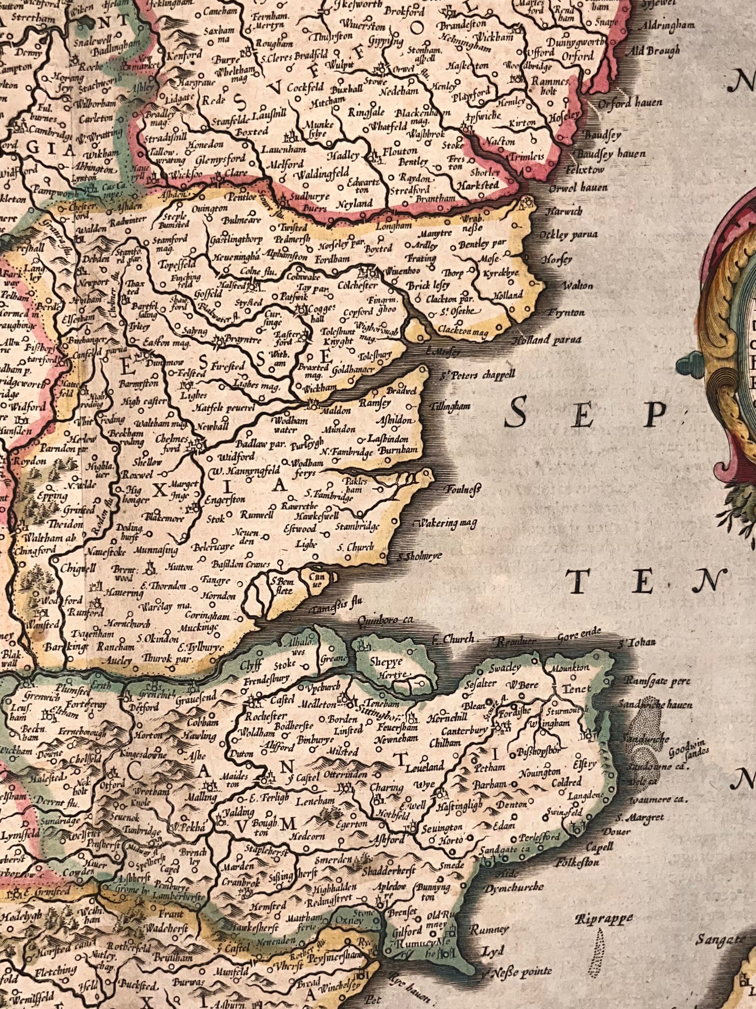 C. 1636 HENRICUS HONDIUS MAP OF SOUTHEAST ENGLAND, HAND-COLORED
