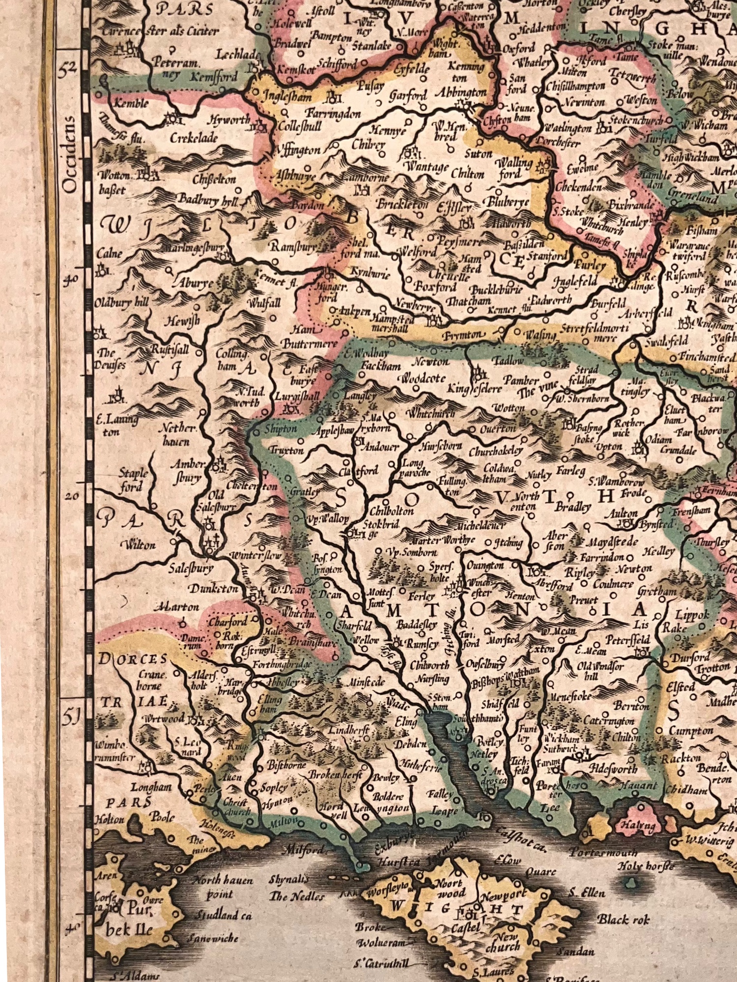 C. 1636 HENRICUS HONDIUS MAP OF SOUTHEAST ENGLAND, HAND-COLORED