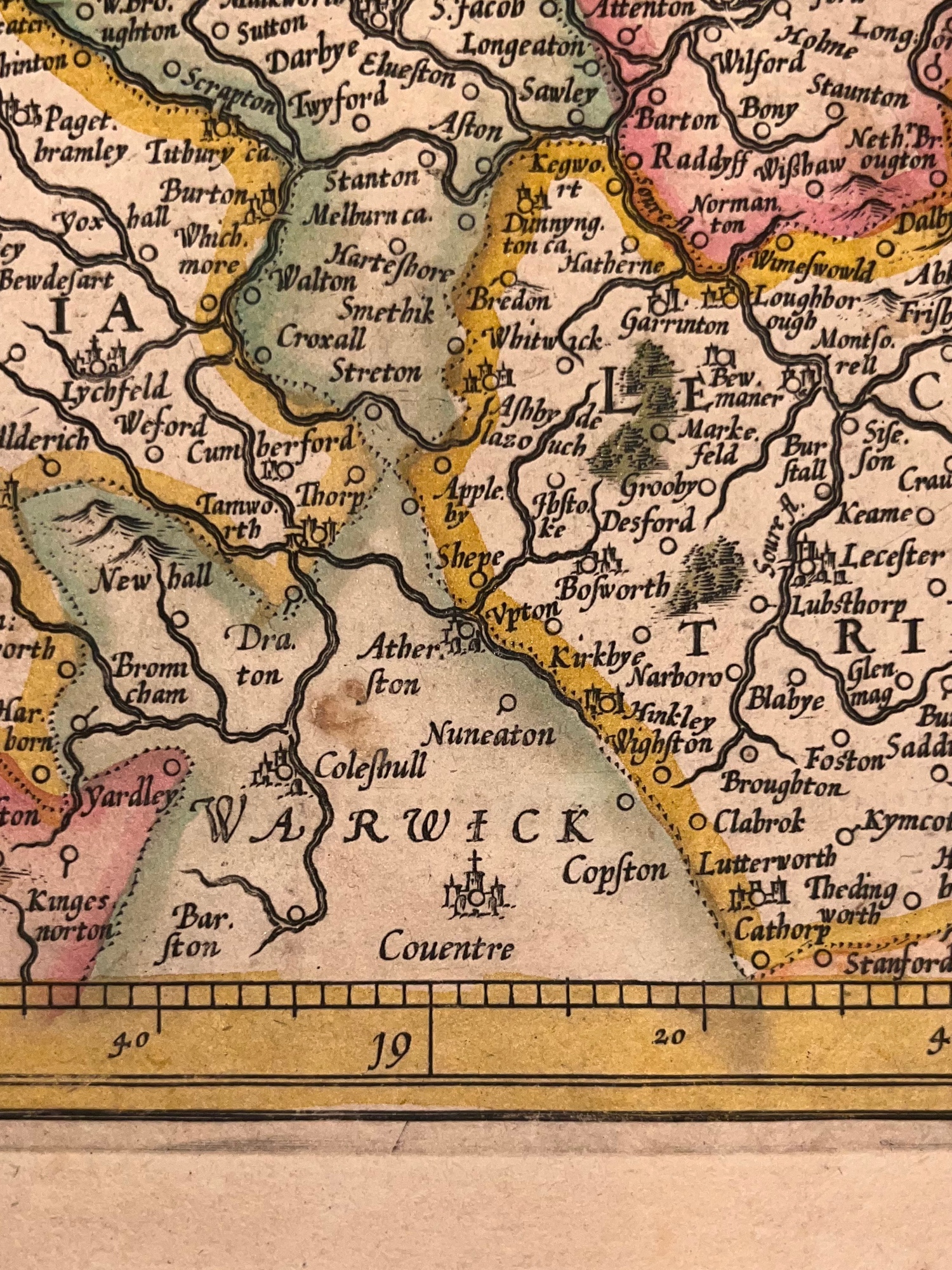 C. 1636 HENRICUS HONDIUS MAP OF SOUTHEAST ENGLAND, HAND-COLORED