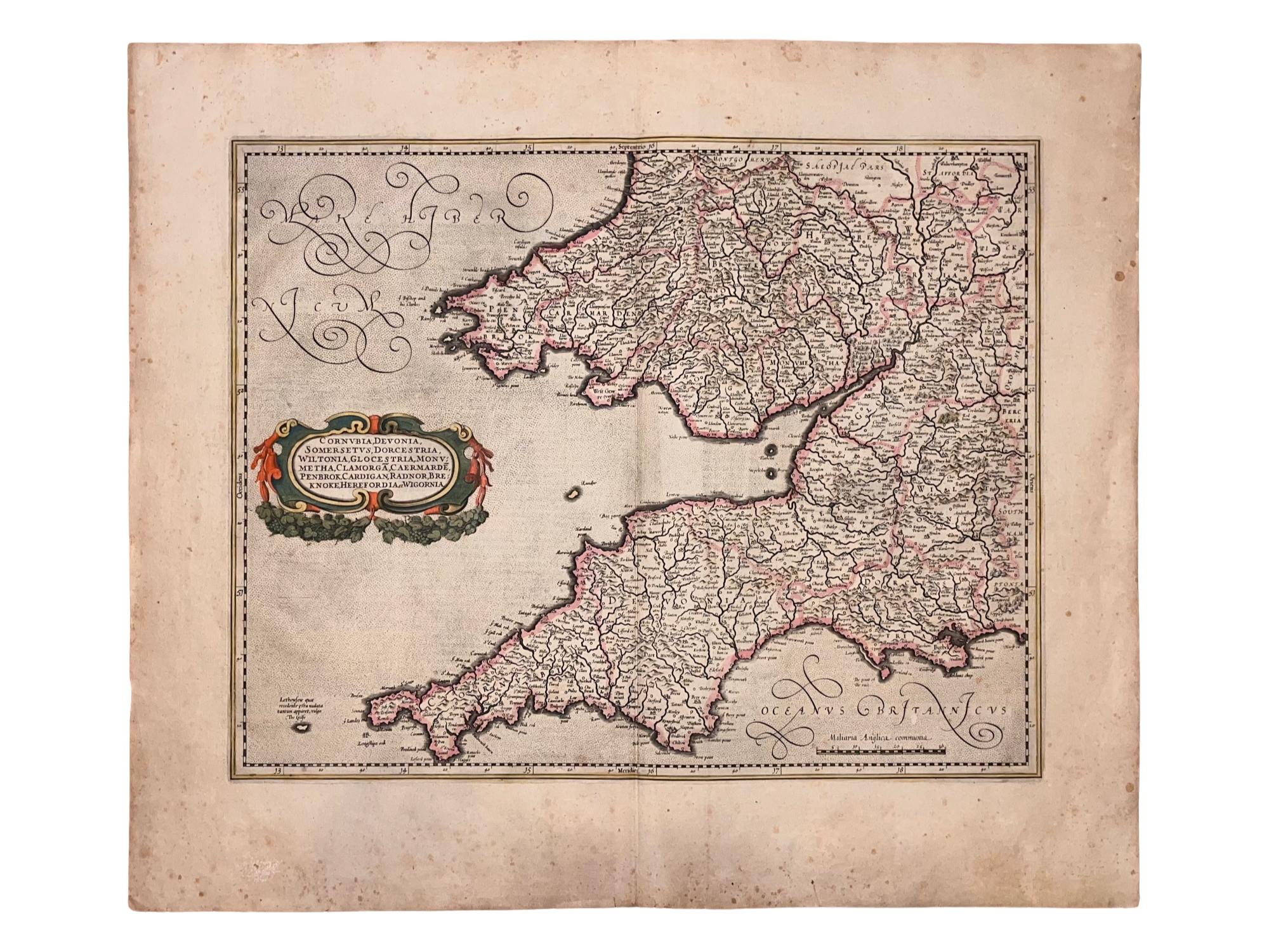 C. 1636 GERARDUS MERCATOR MAP OF ENGLAND, CORNWALL, DEVON, SOUTH WALES, HAND-COLORED
