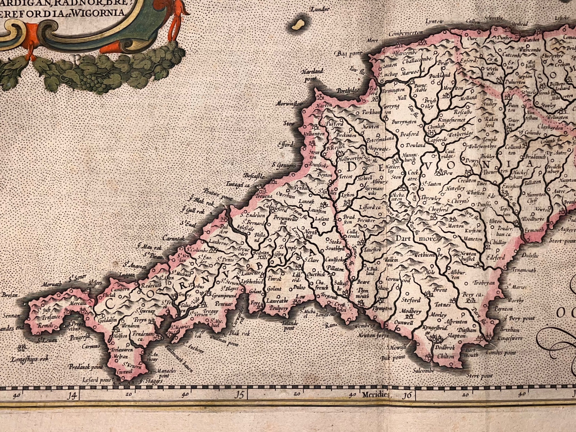 C. 1636 GERARDUS MERCATOR MAP OF ENGLAND, CORNWALL, DEVON, SOUTH WALES, HAND-COLORED
