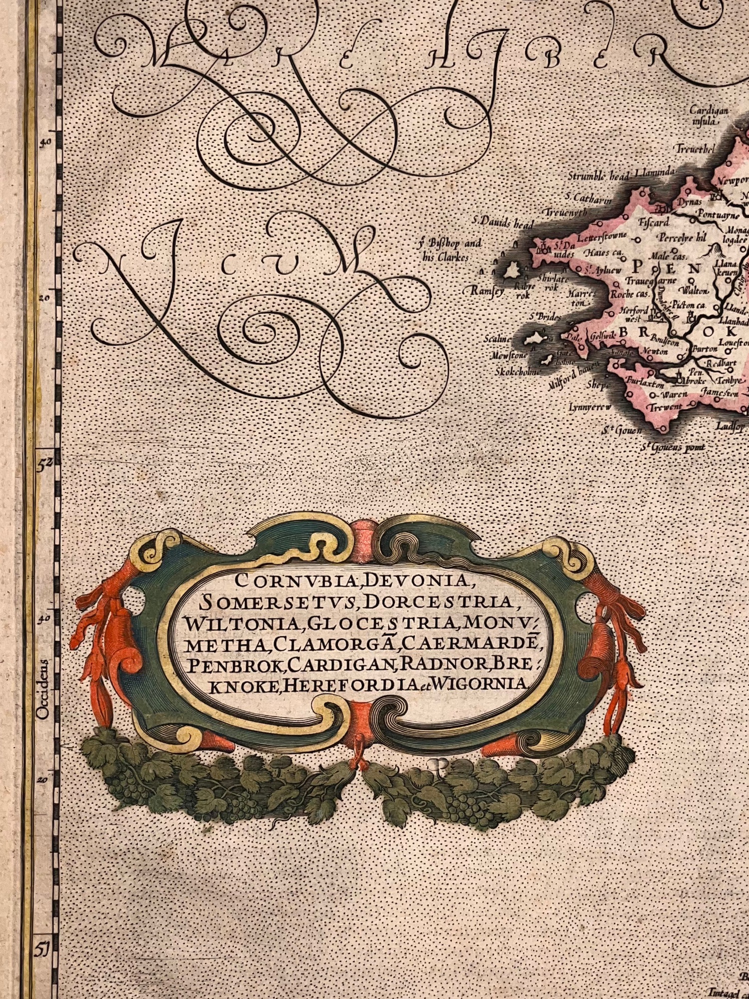 C. 1636 GERARDUS MERCATOR MAP OF ENGLAND, CORNWALL, DEVON, SOUTH WALES, HAND-COLORED