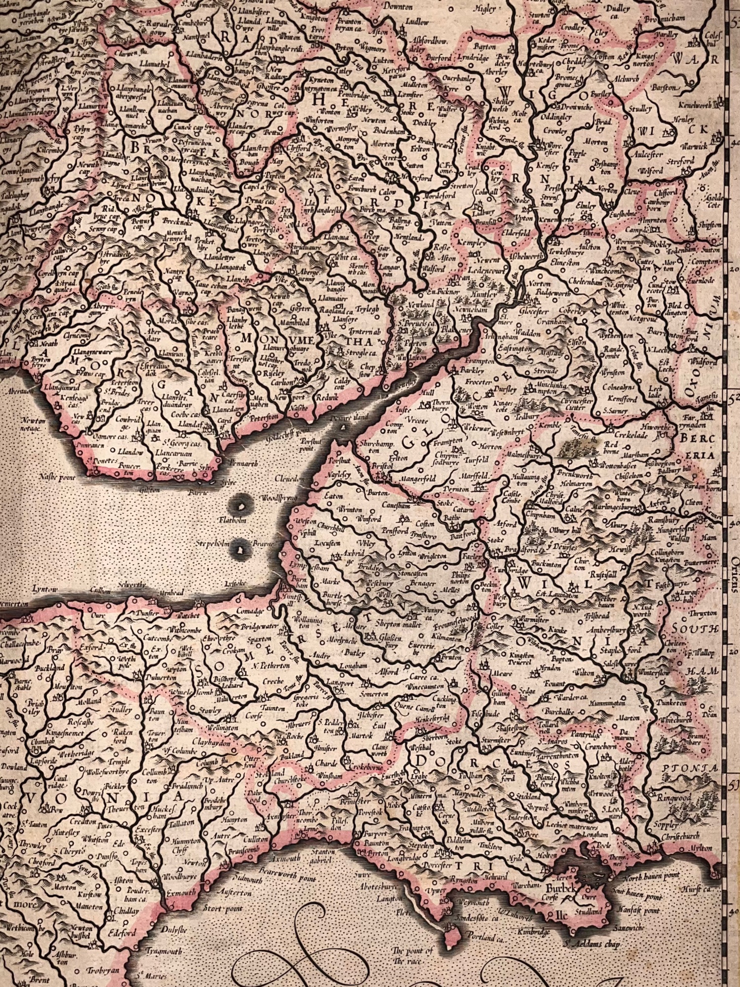 C. 1636 GERARDUS MERCATOR MAP OF ENGLAND, CORNWALL, DEVON, SOUTH WALES, HAND-COLORED